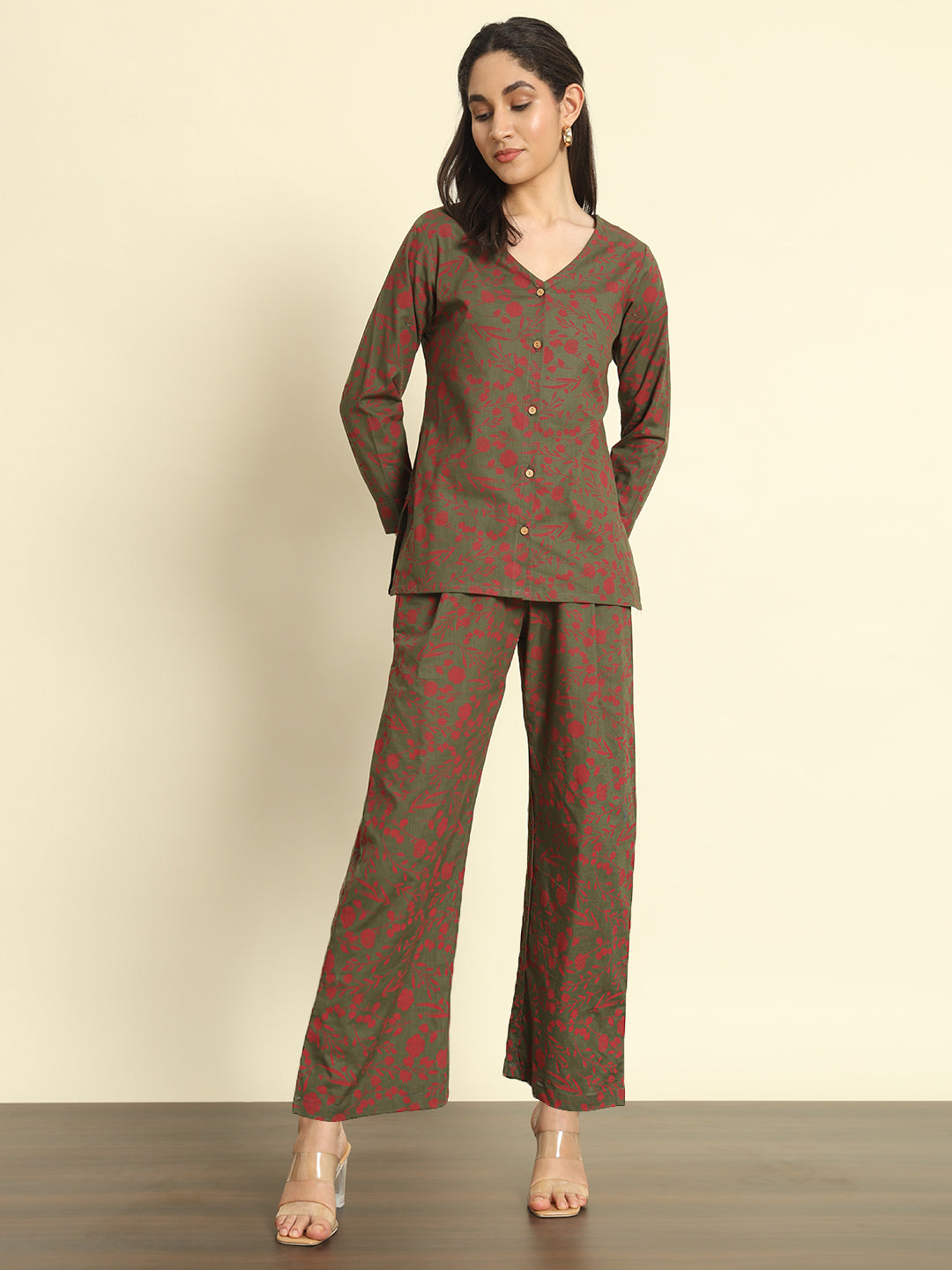 Olive V Neck Printed Co-ords
