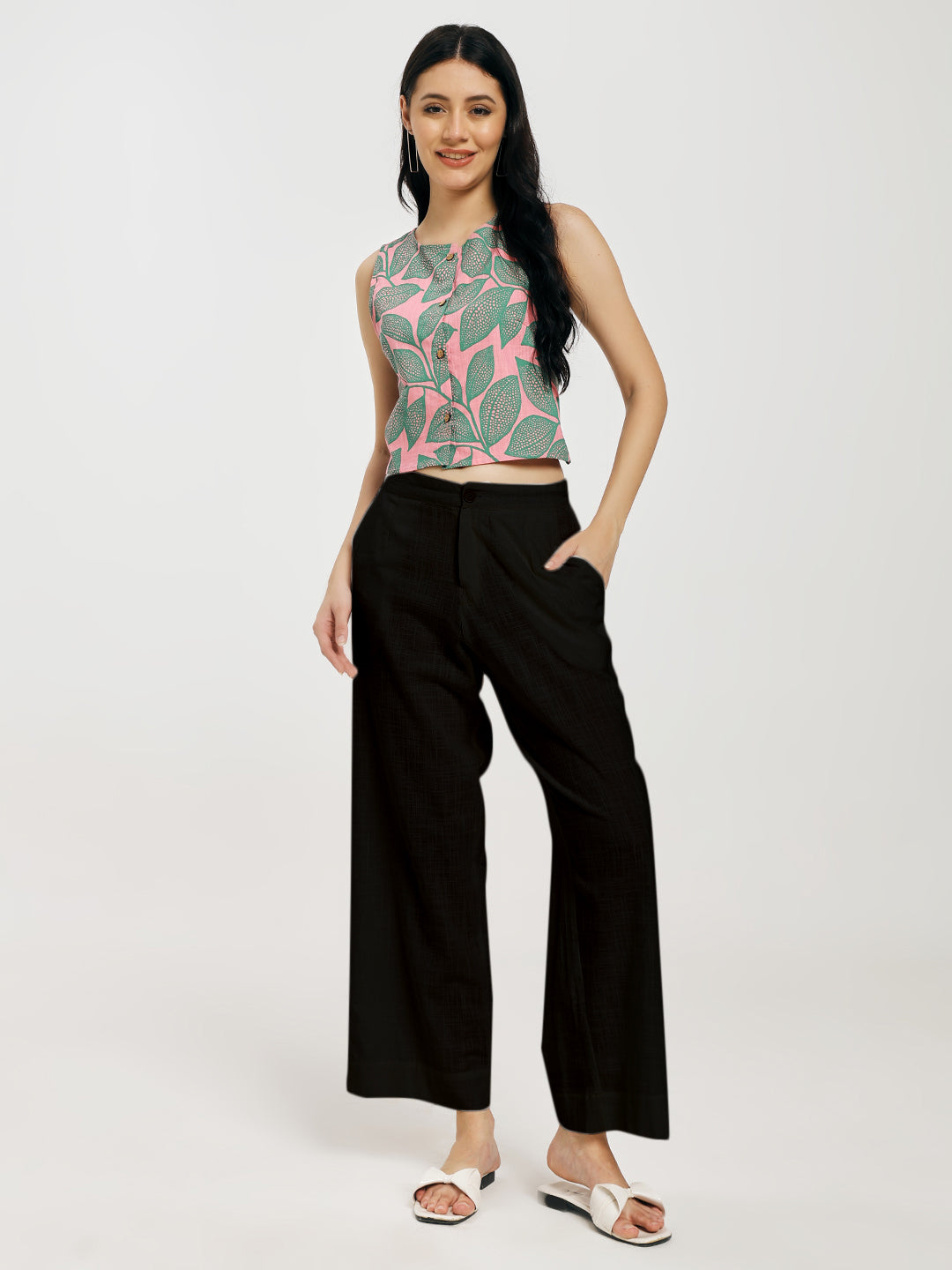 Leafy Pink Cross Back Top