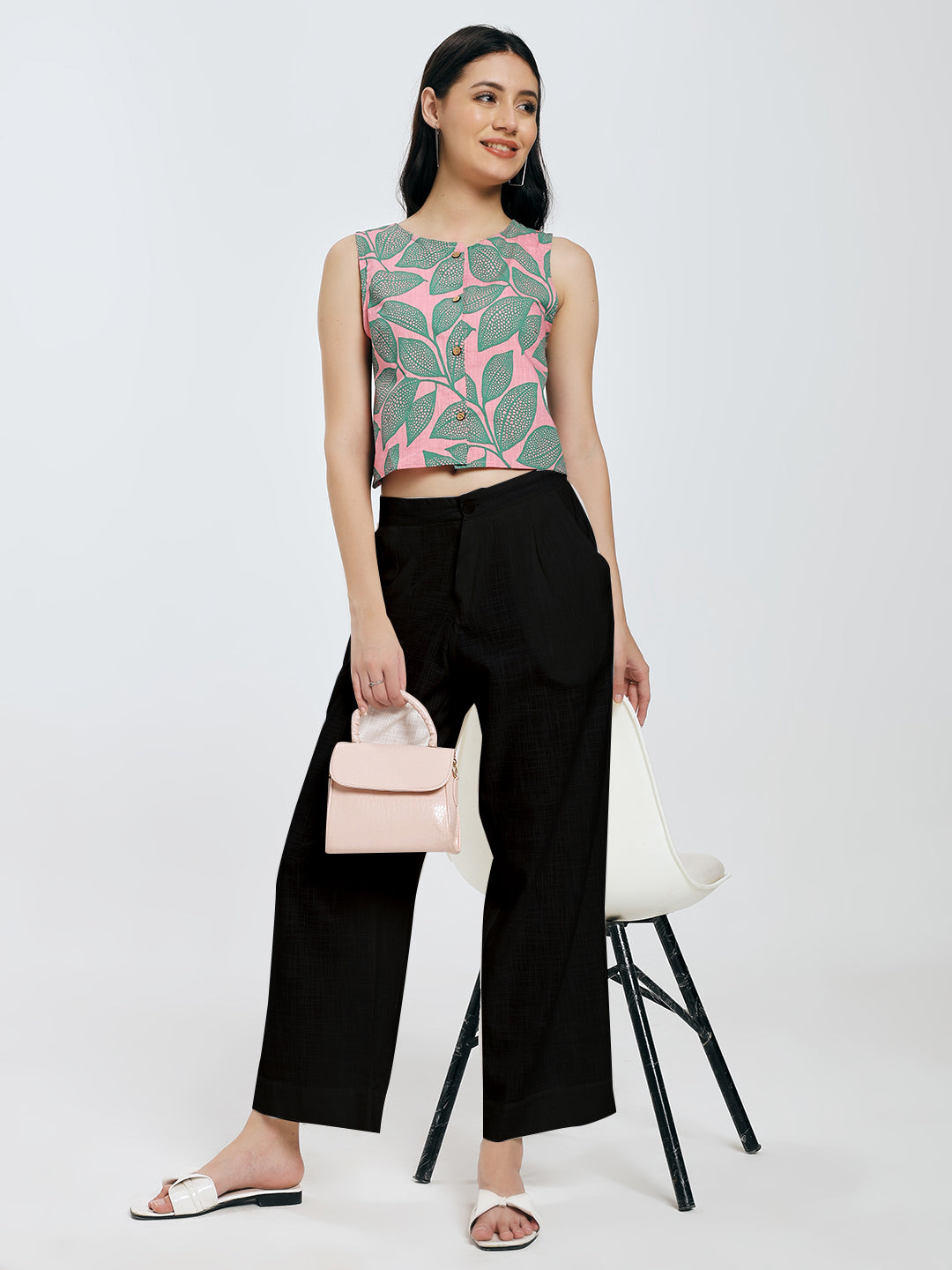 Leafy Pink Cross Back Top