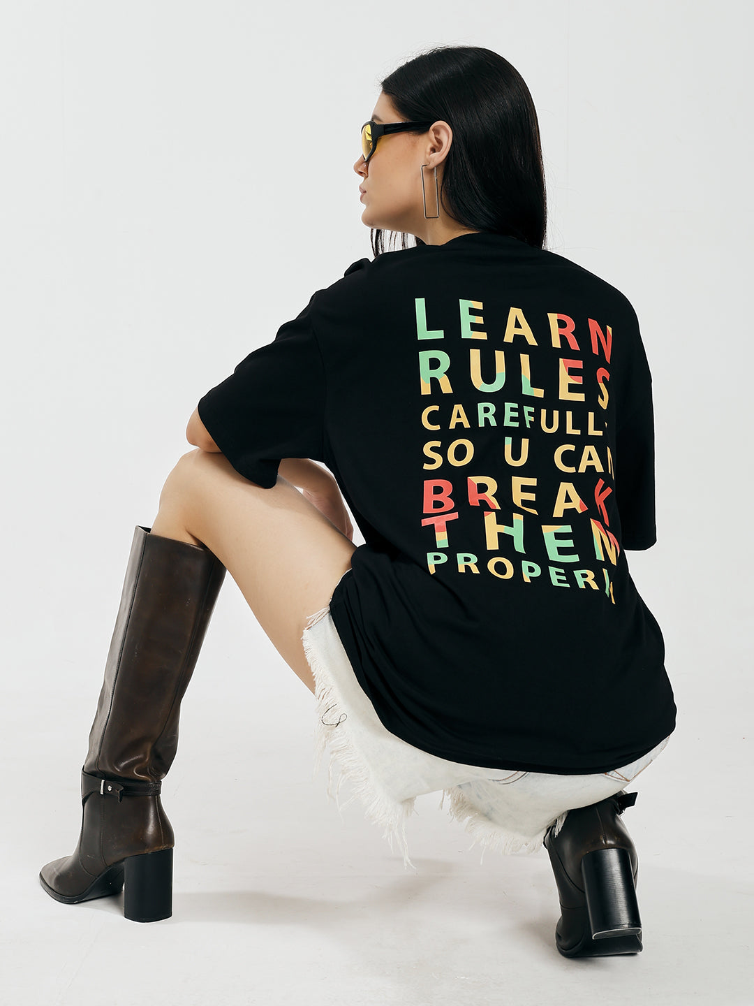 Learn Rules Printed Black Oversized T-Shirt