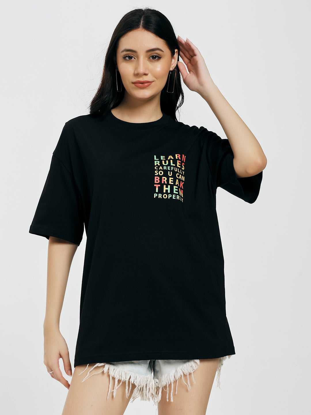 Learn Rules Printed Black Oversized T-Shirt