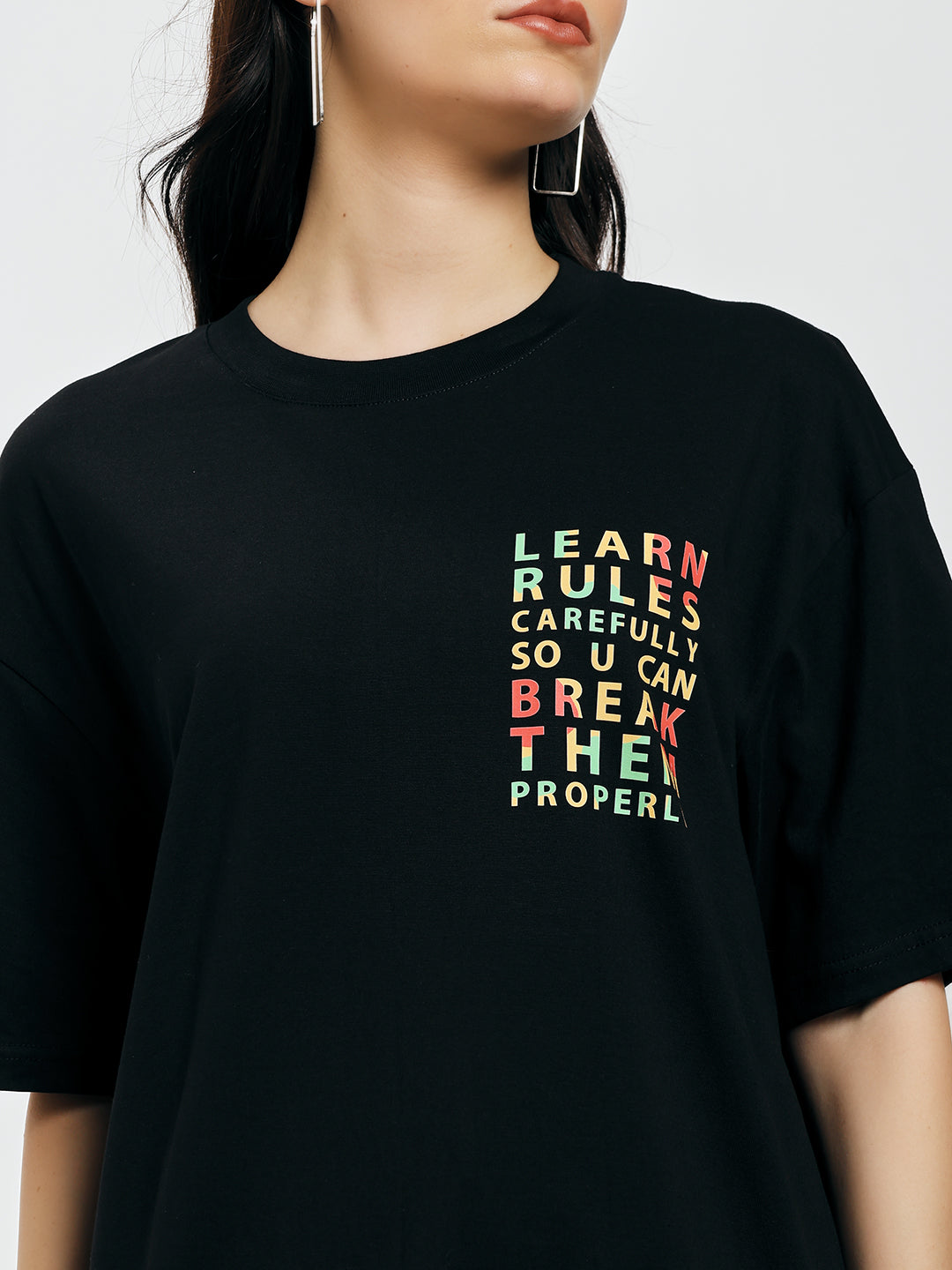 Learn Rules Printed Black Oversized T-Shirt