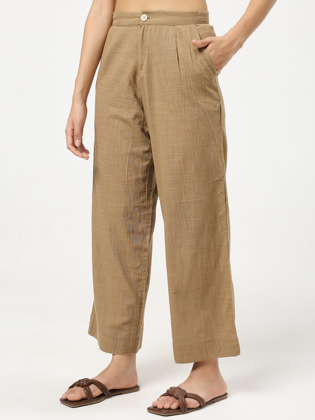 Brown Linen Blend Straight Fit Pants