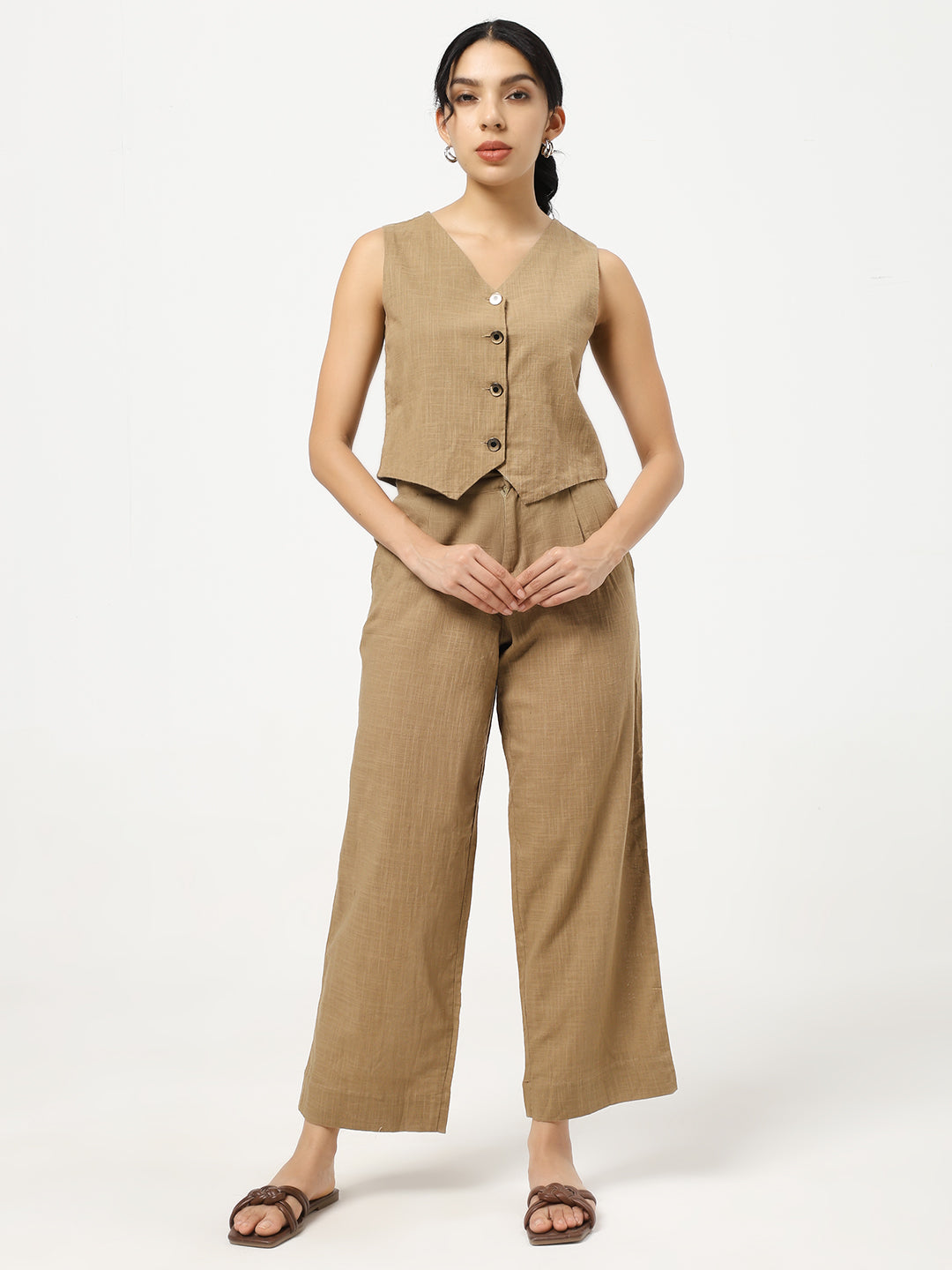 Brown - Linen Blend Waistcoat