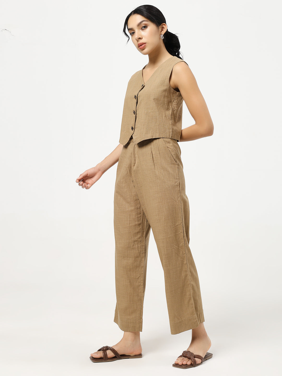 Brown - Linen Blend Waistcoat