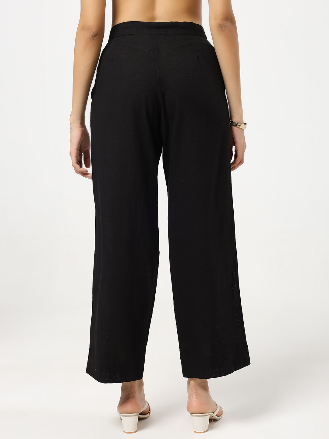 Black Linen Blend Straight Fit Pants