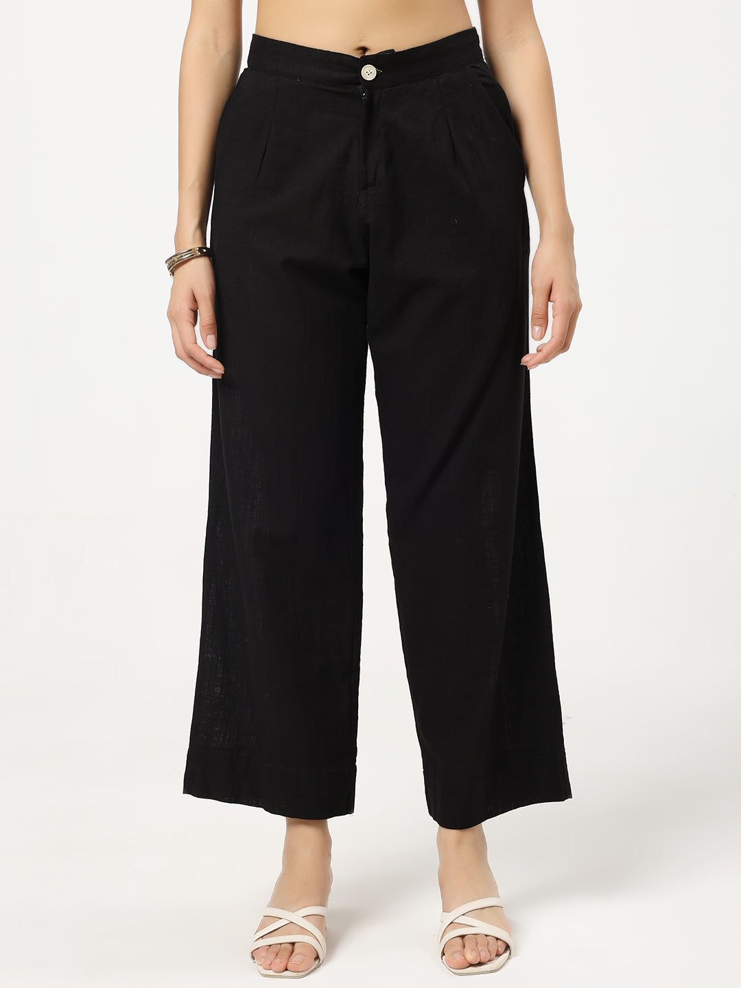 Black Linen Blend Straight Fit Pants