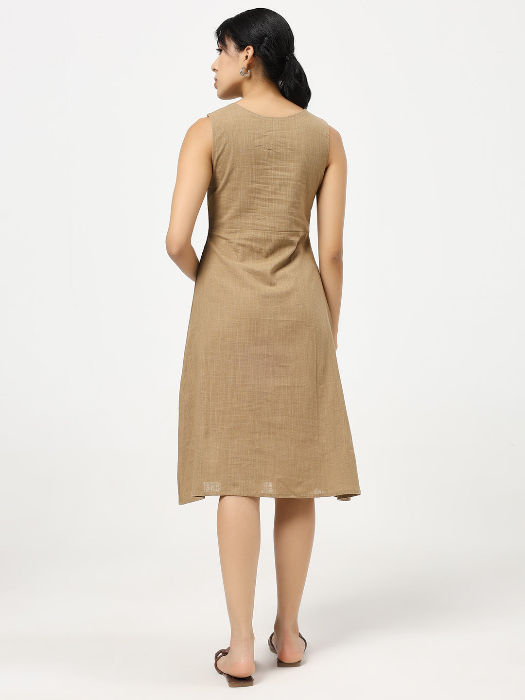 Brown Buttoned A-Line Dress