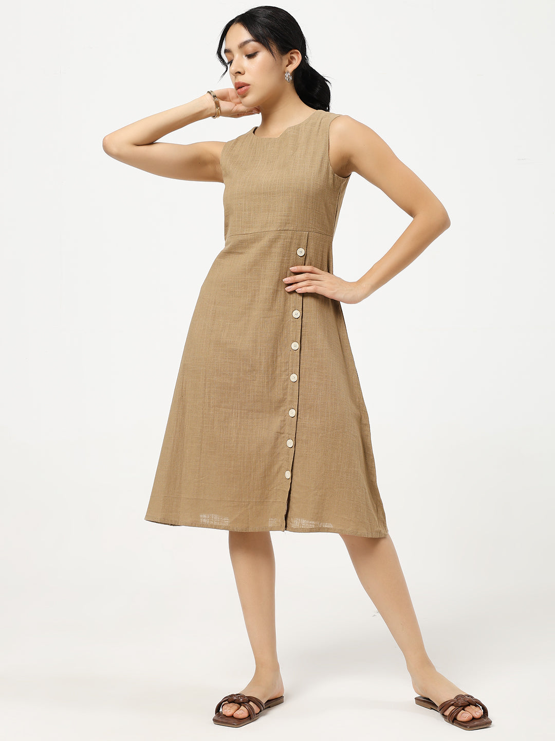 Brown Buttoned A-Line Dress