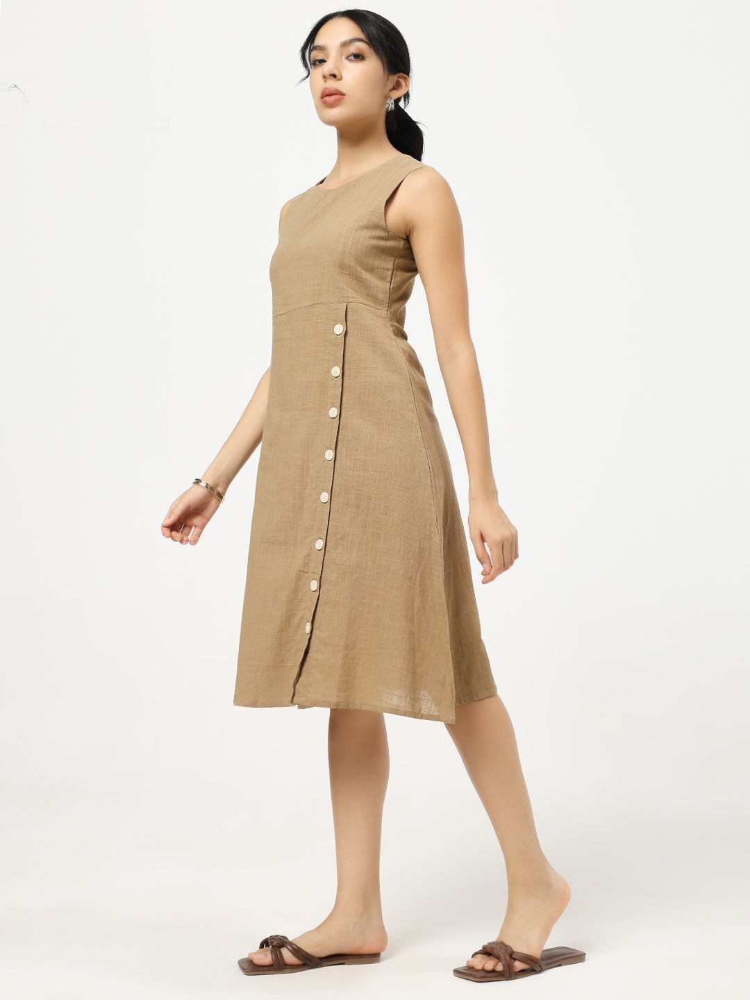 Brown Buttoned A-Line Dress