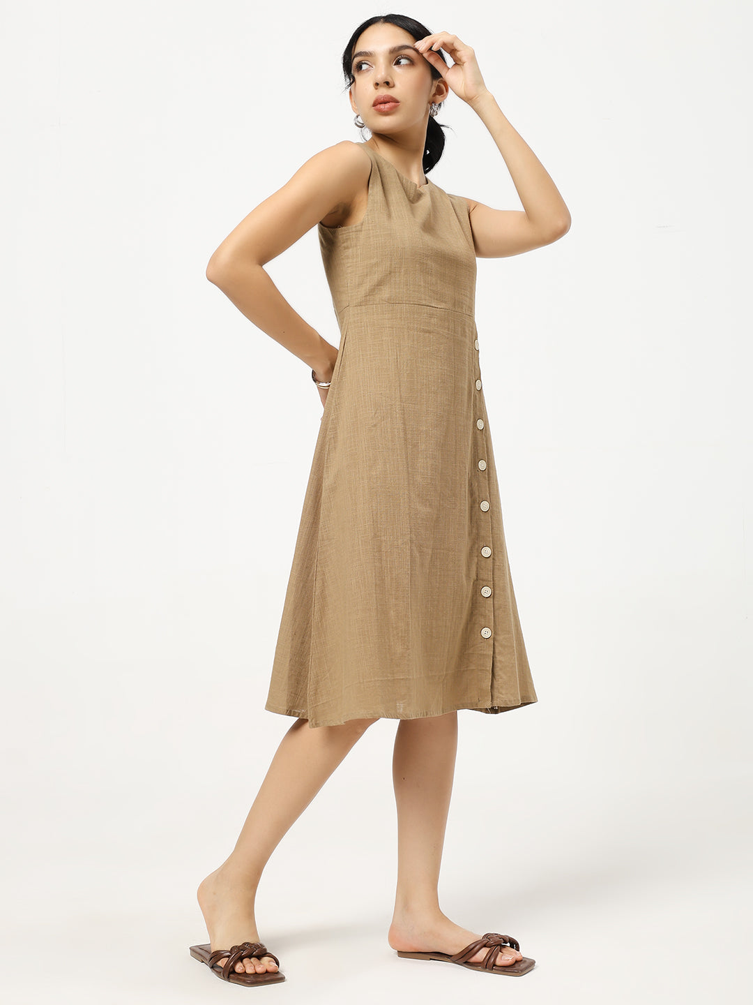 Brown Buttoned A-Line Dress