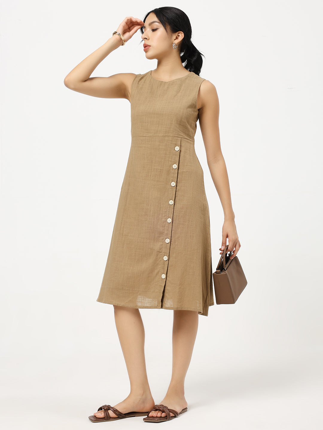 Brown Buttoned A-Line Dress