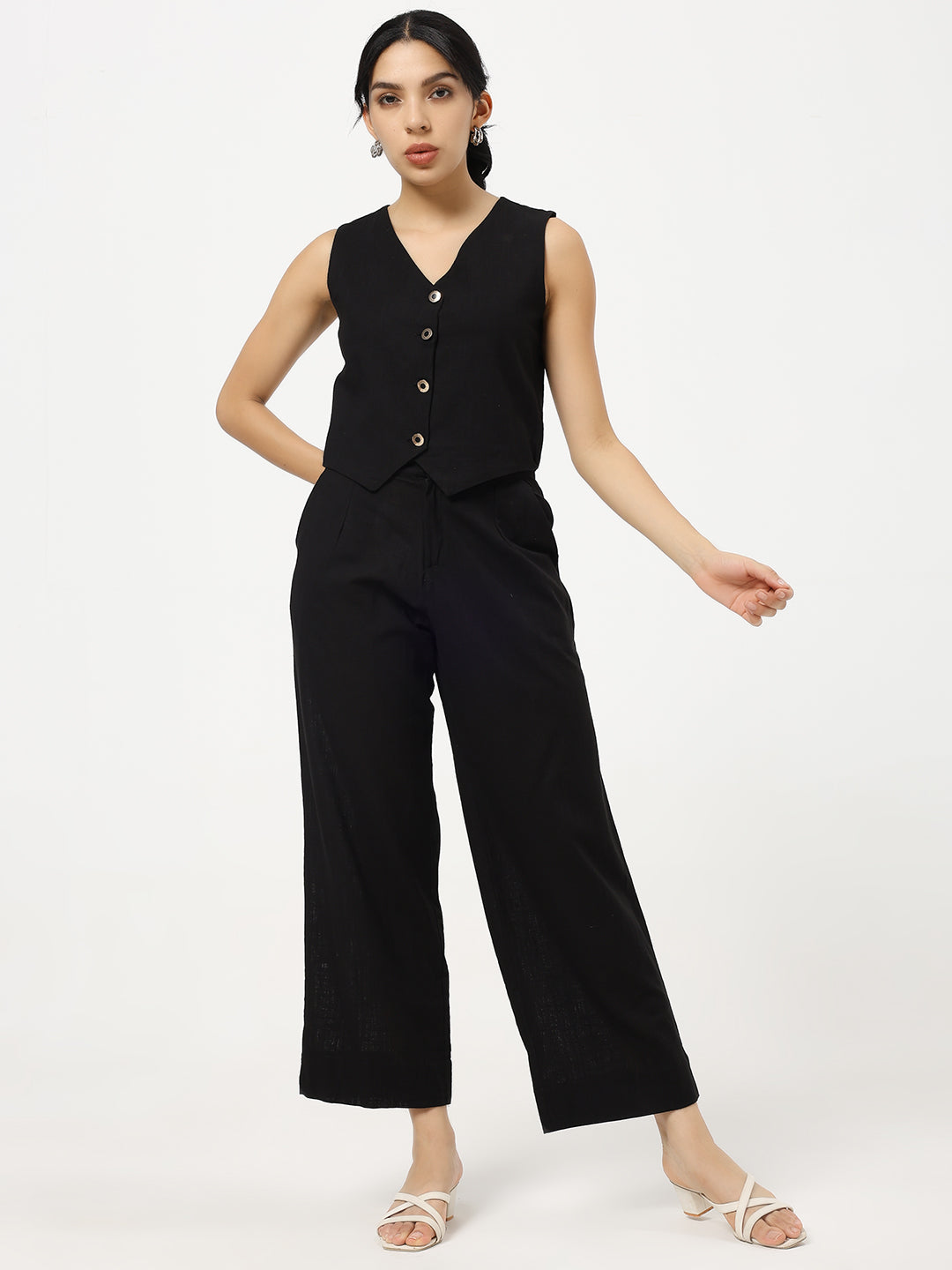 Black - Linen Blend Waistcoat And Trousers Co-Ord Set