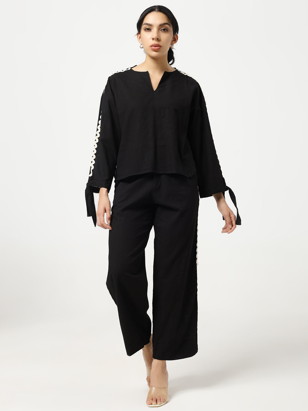 Black - Linen Blend Laced Co-Ord Set