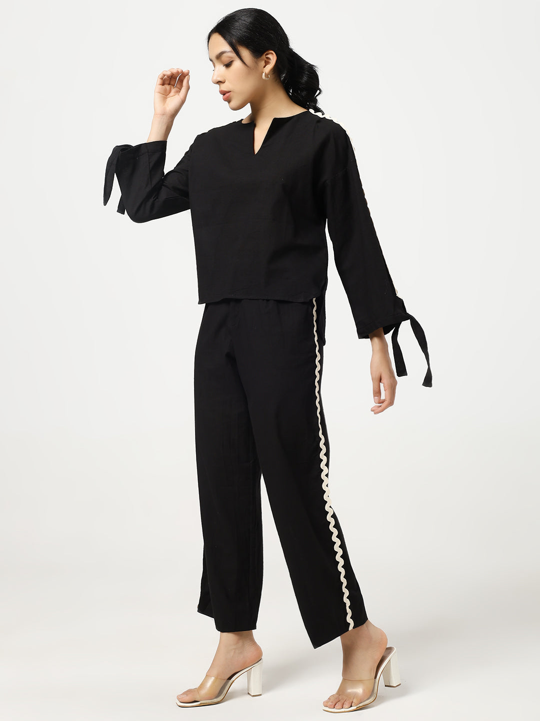 Black - Linen Blend Laced Co-Ord Set