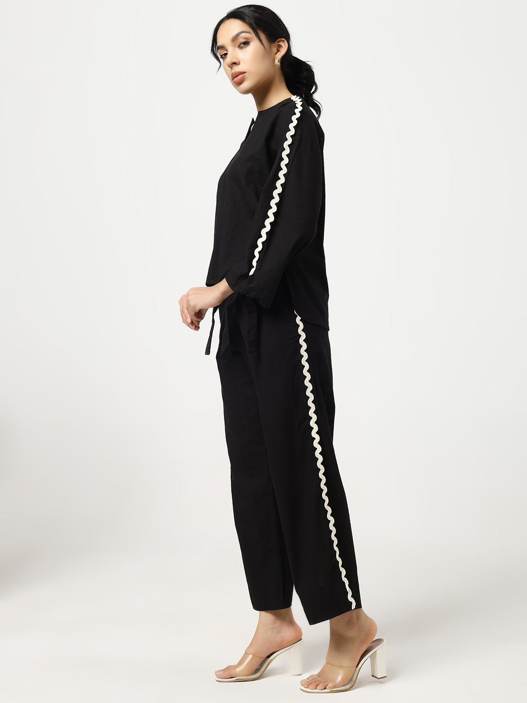 Black - Linen Blend Laced Co-Ord Set