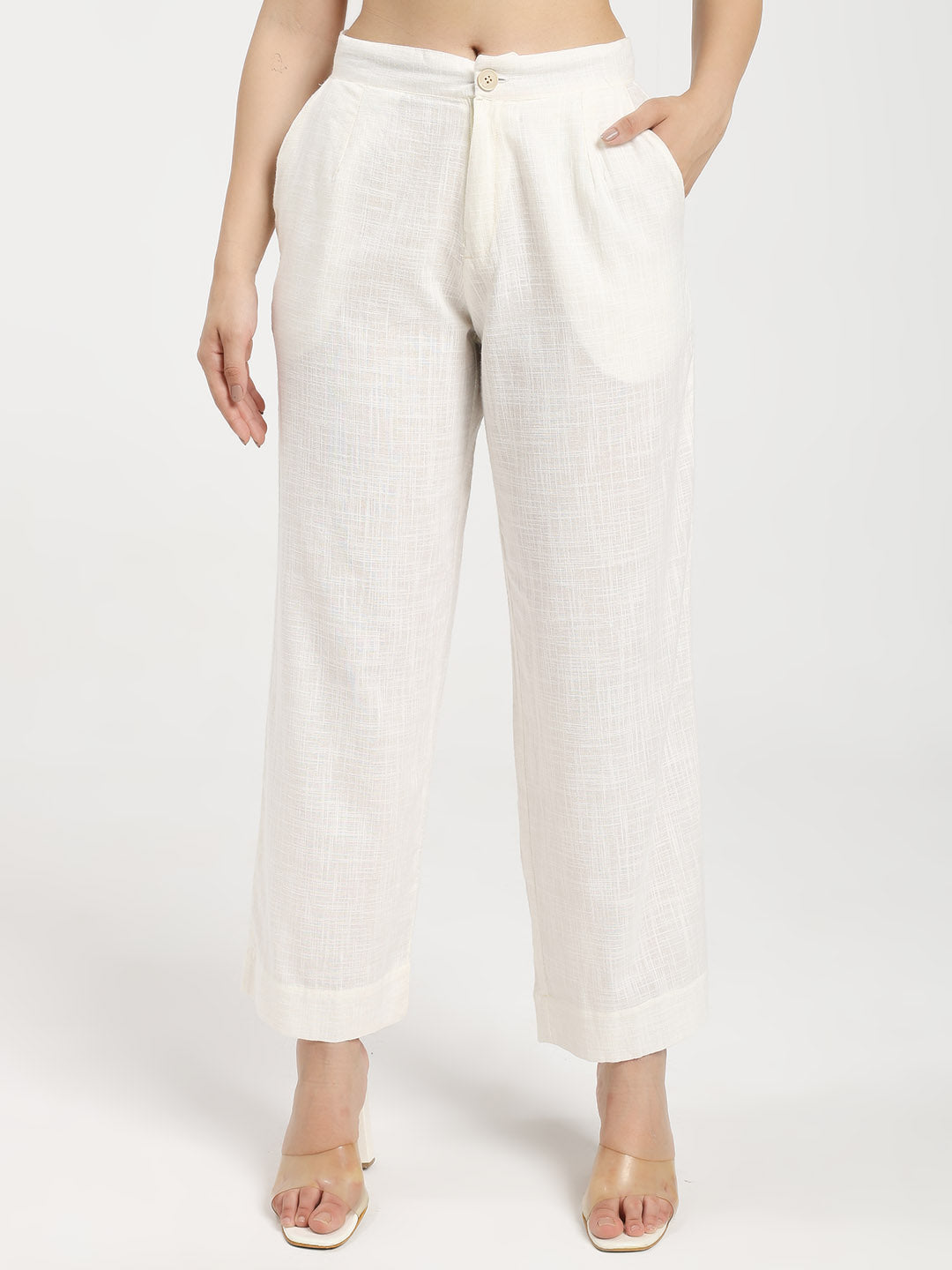 Off White Linen Blend Straight Fit Pants