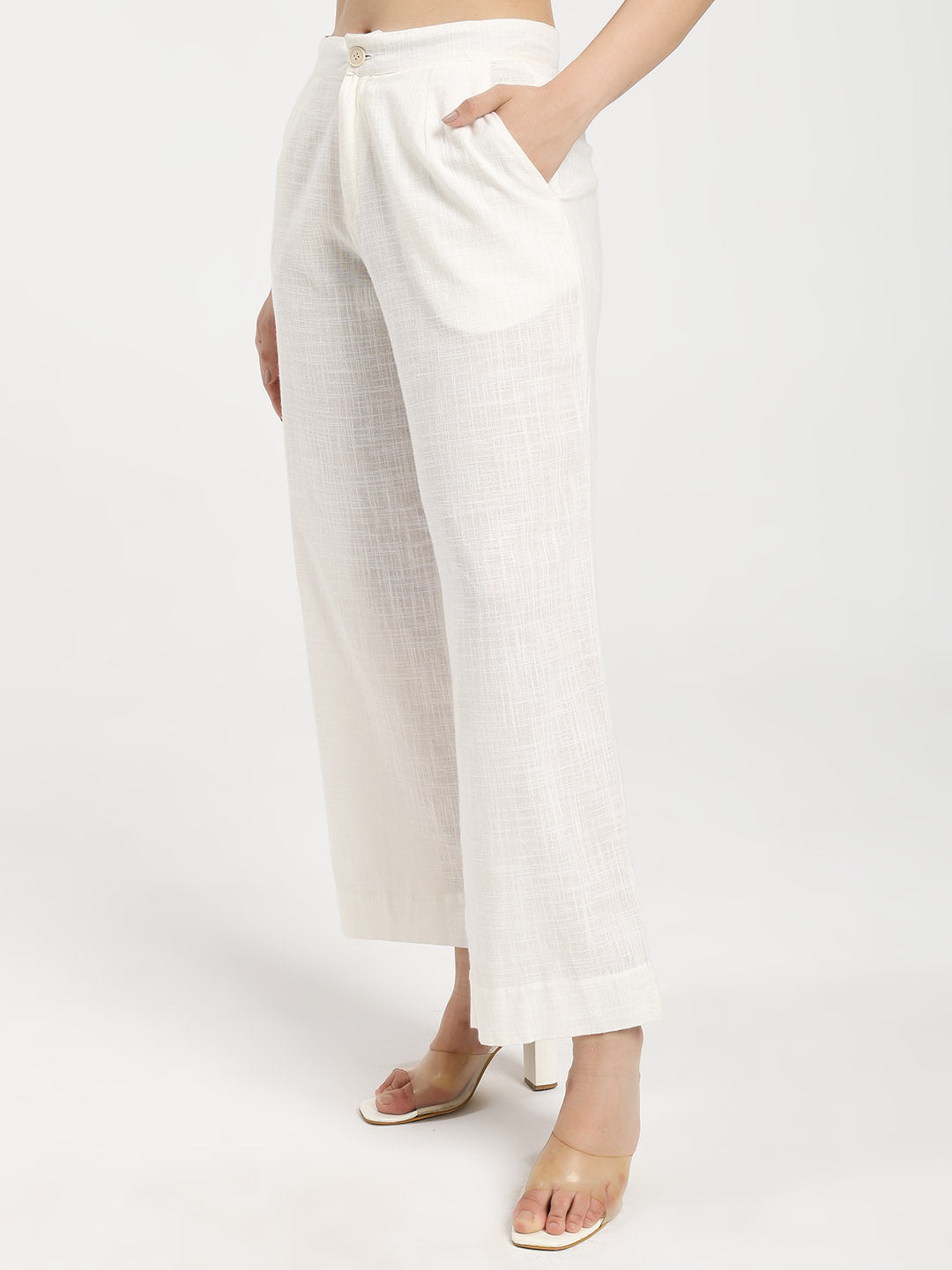 Off White Linen Blend Straight Fit Pants