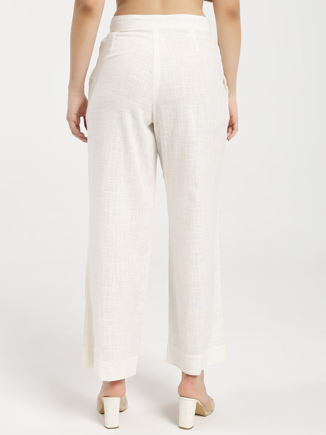 Off White Linen Blend Straight Fit Pants