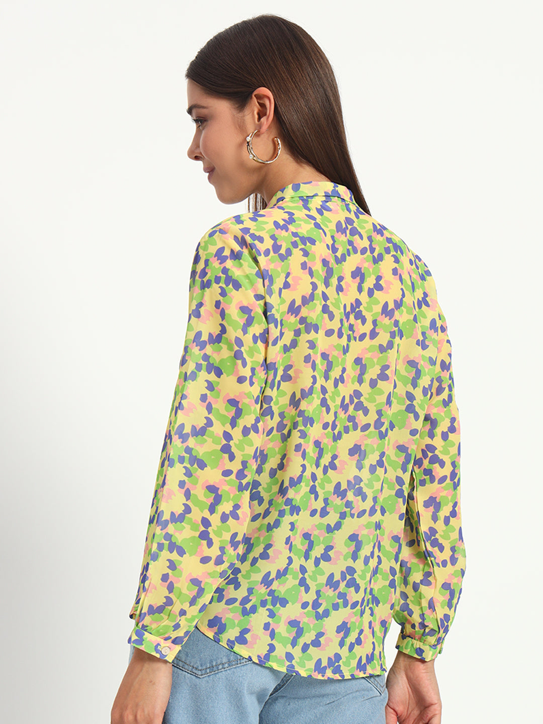 Yellow Petal Print Bow Shirt