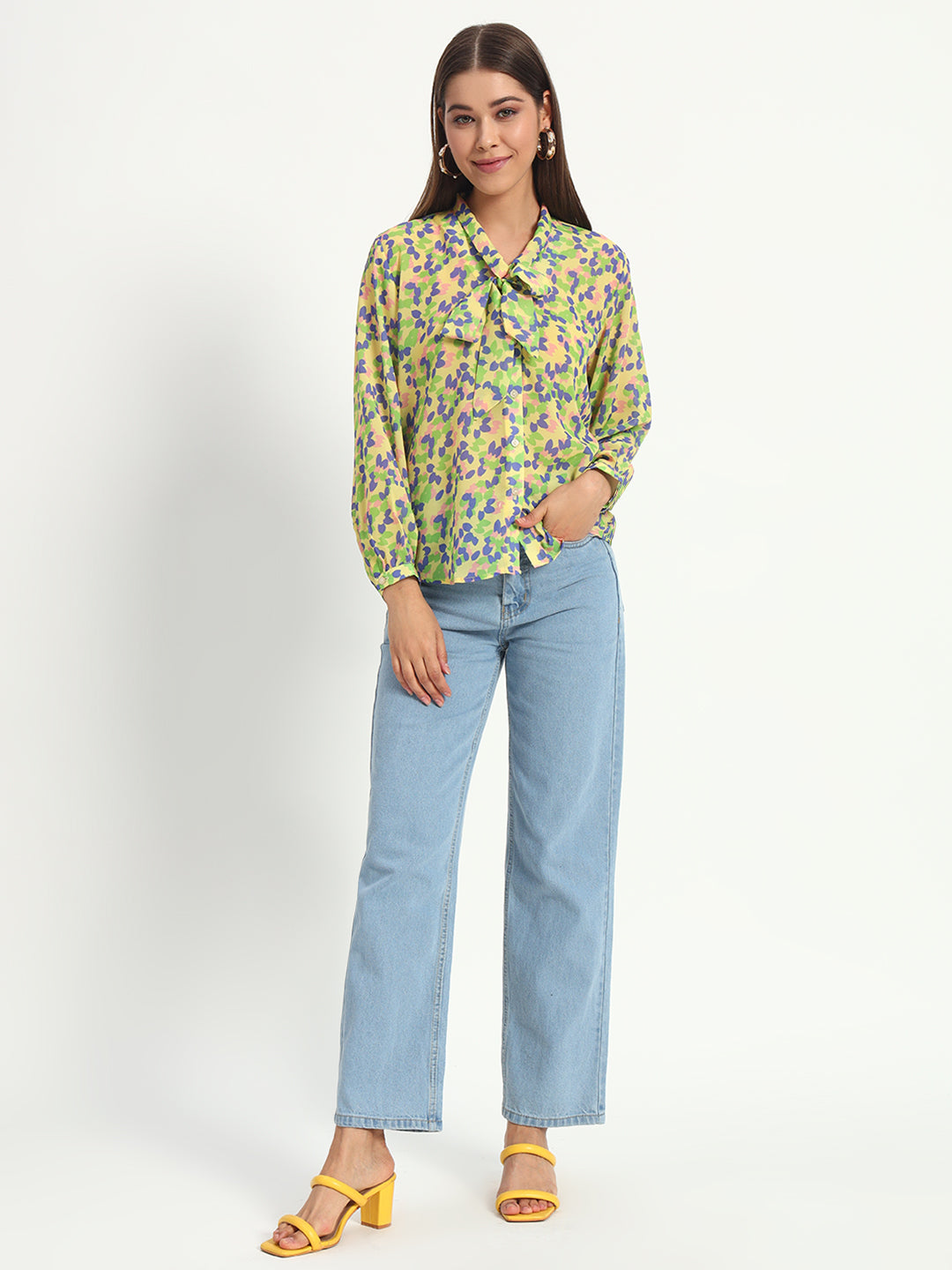 Yellow Petal Print Bow Shirt