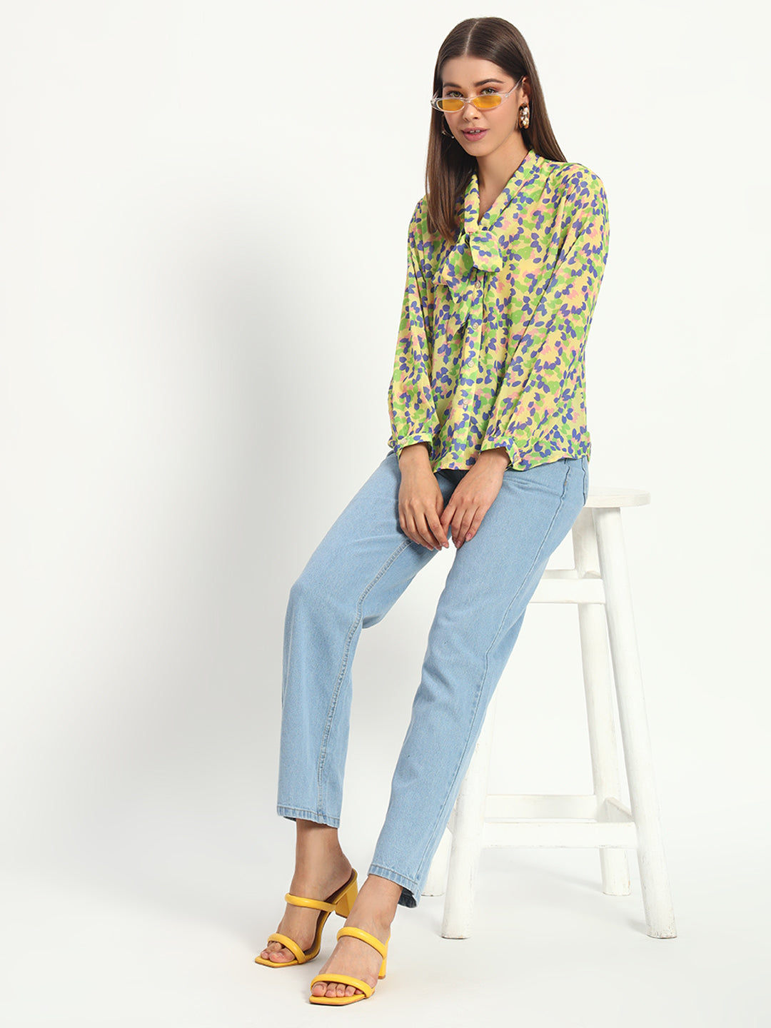 Yellow Petal Print Bow Shirt