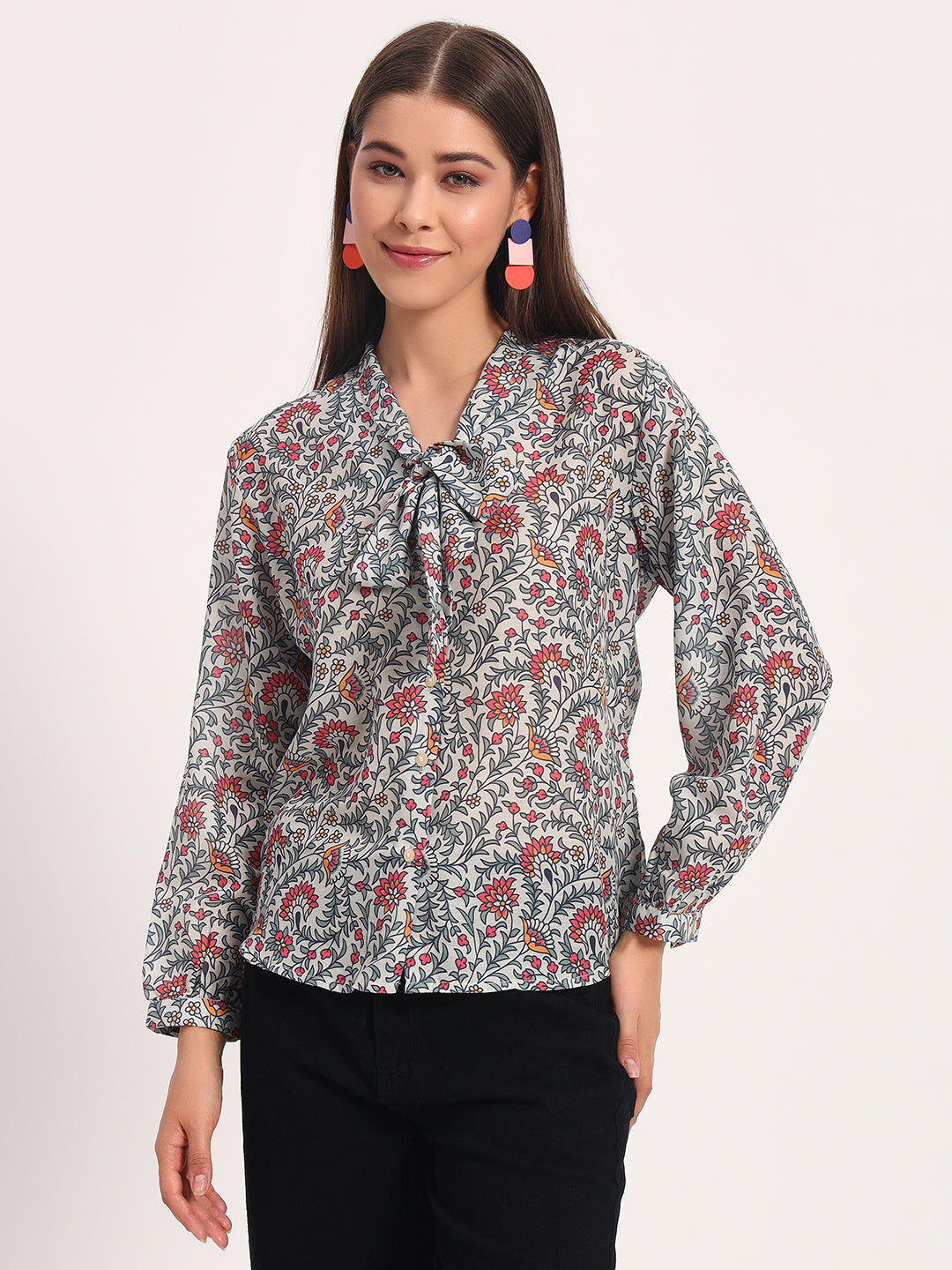 Damask Floral Print Bow Shirt