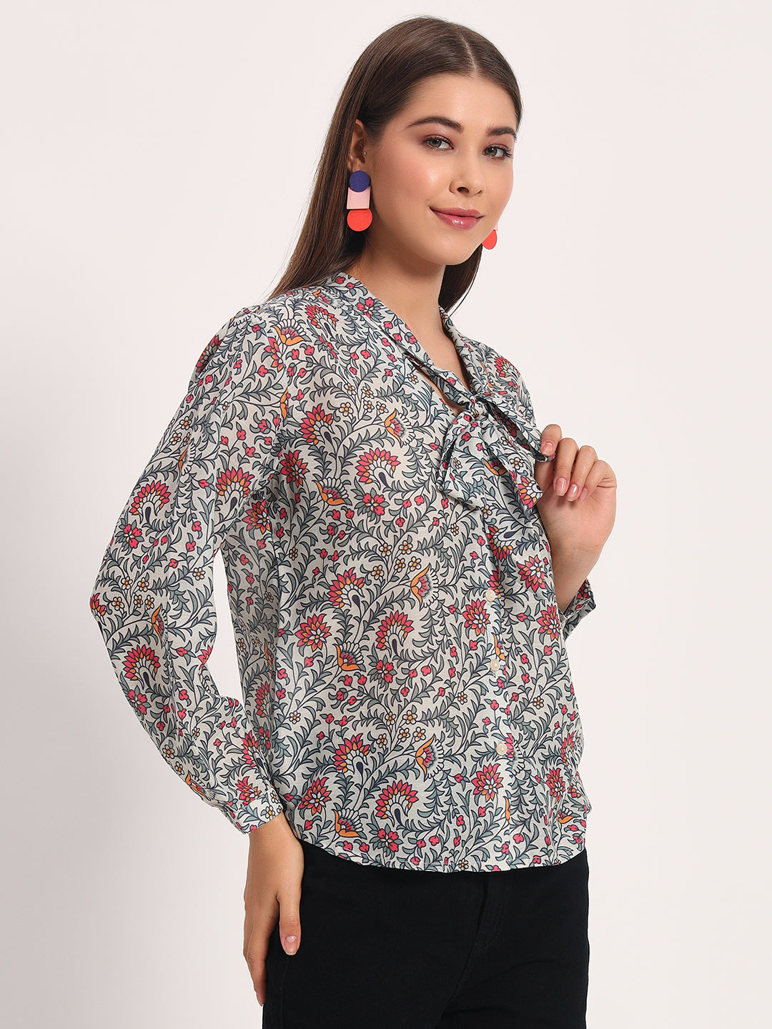 Damask Floral Print Bow Shirt