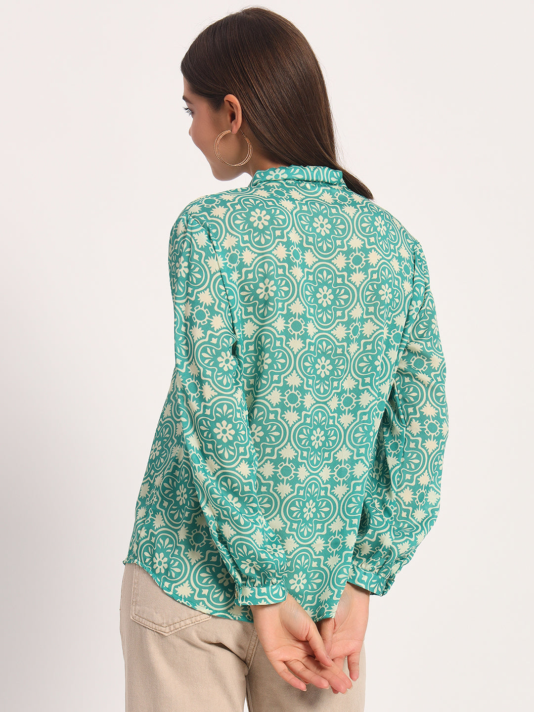 Green Damask Print Bow Shirt