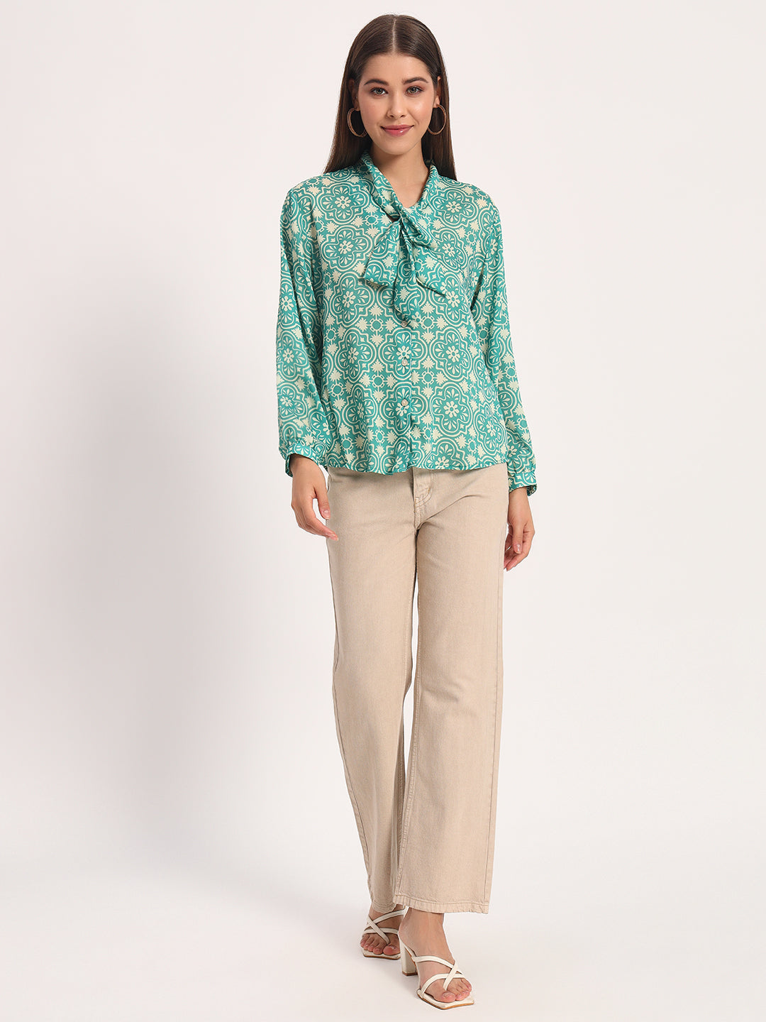 Green Damask Print Bow Shirt