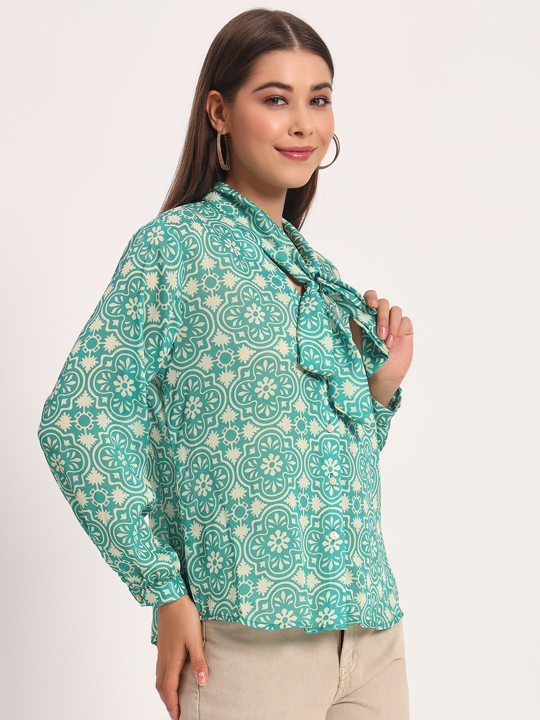 Green Damask Print Bow Shirt