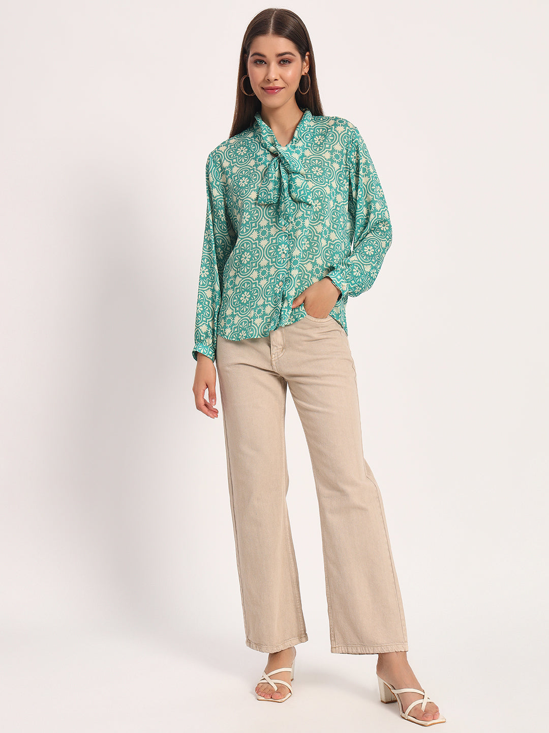 Green Damask Print Bow Shirt