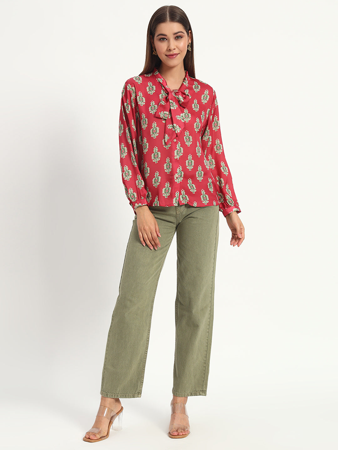 Cadmium Red Printed Bow Shirt