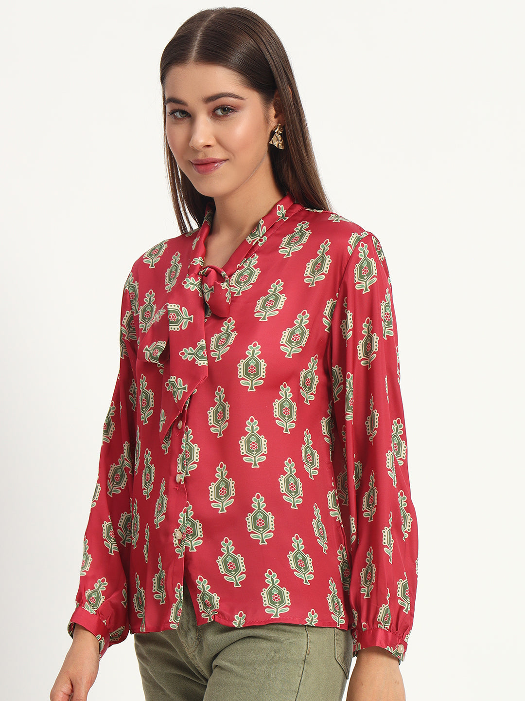 Cadmium Red Printed Bow Shirt