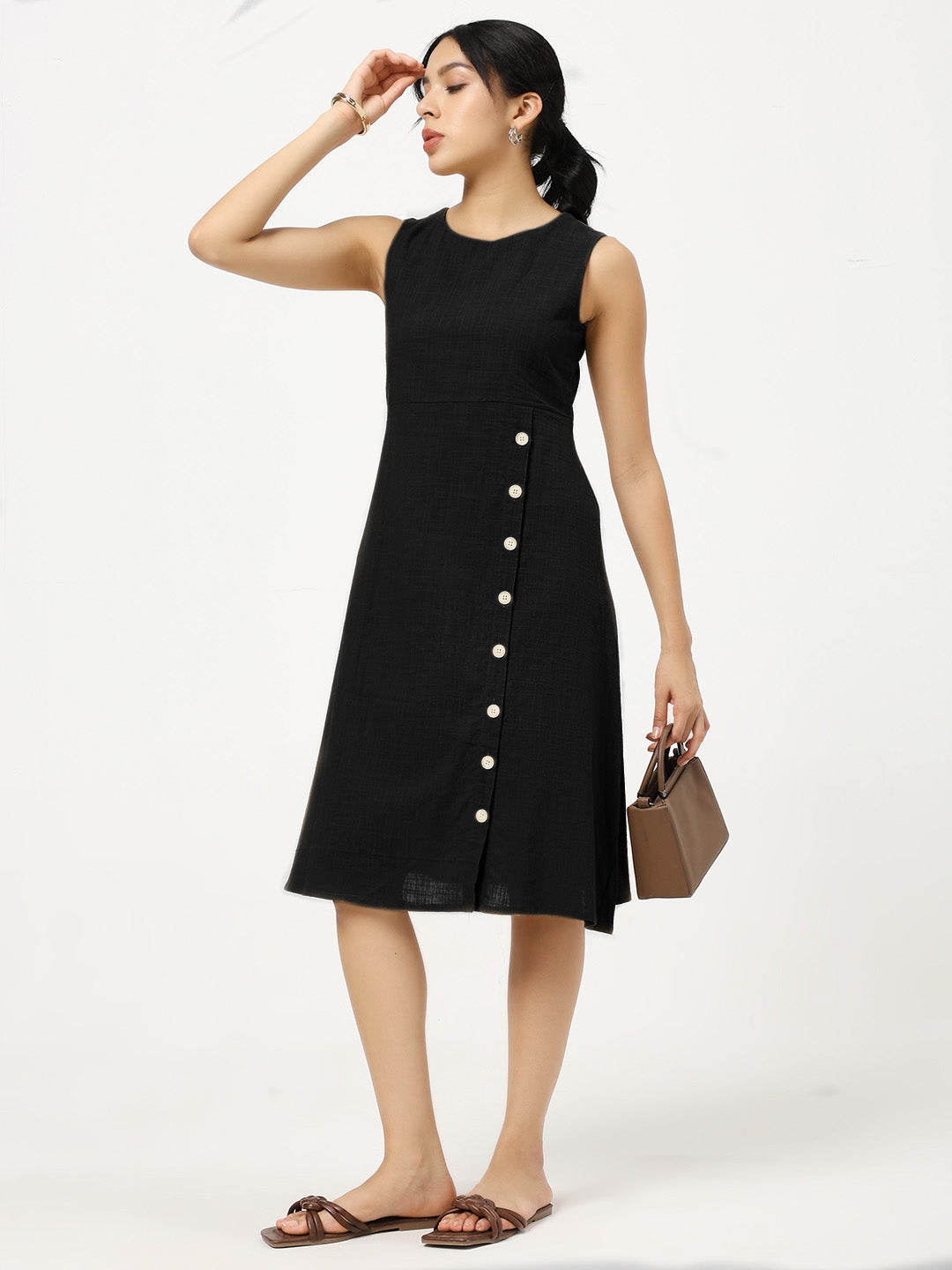 Black Buttoned A-Line Dress