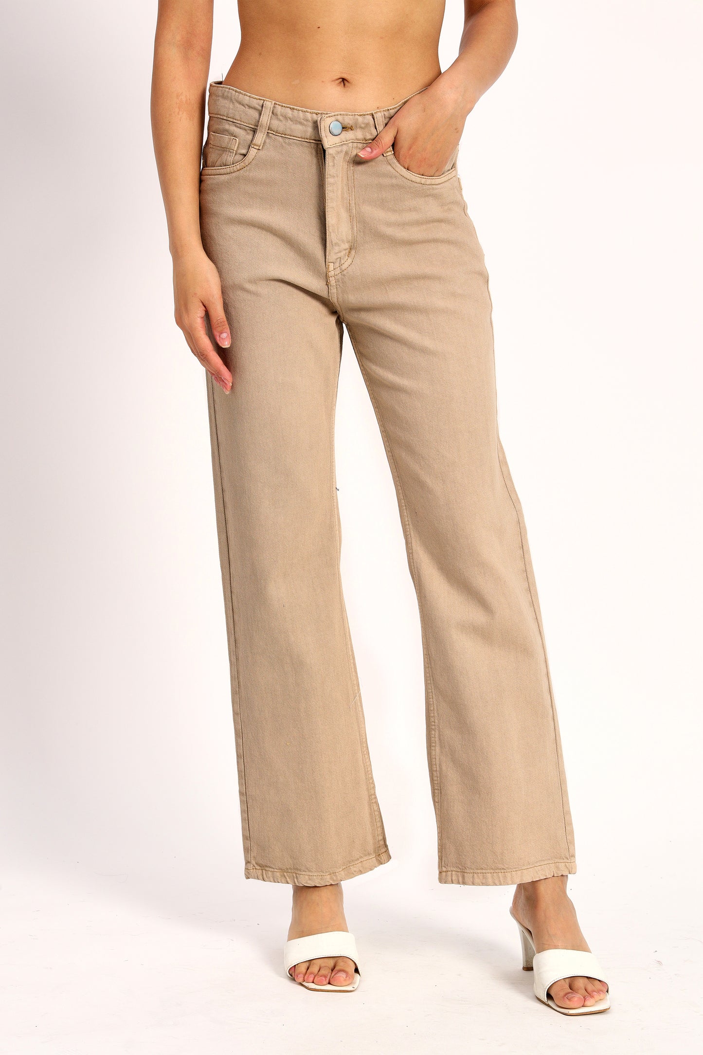 Dark Beige Denim Straight Fit Wide Leg Jeans