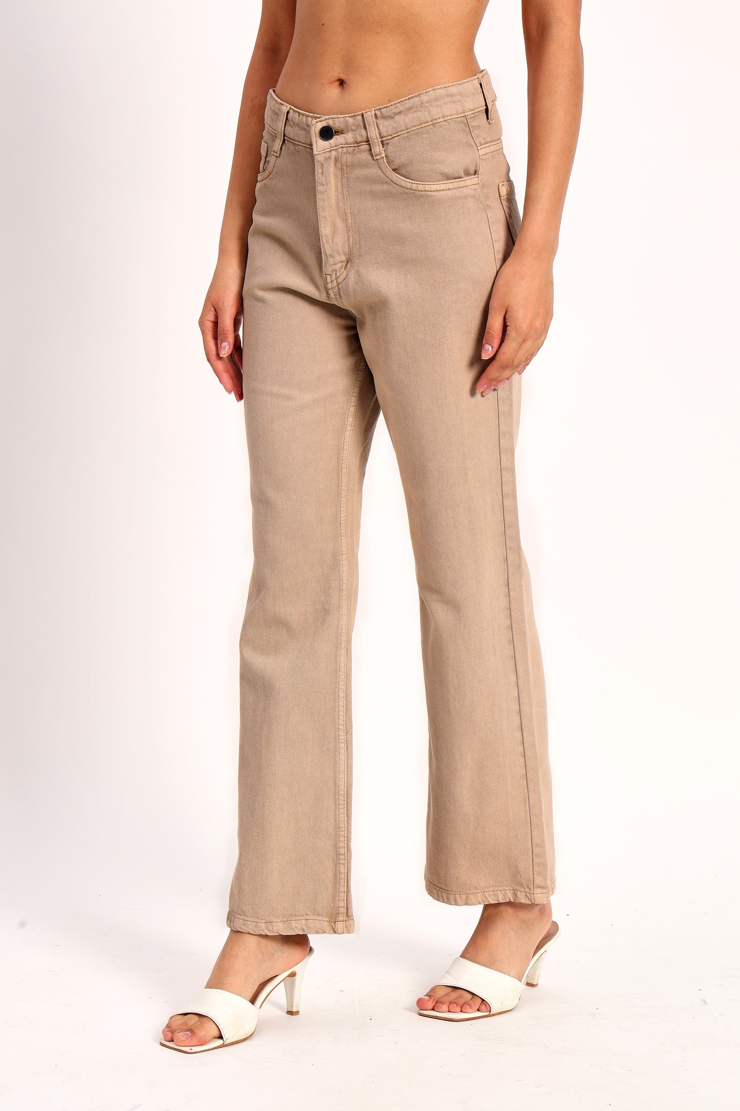 Dark Beige Denim Straight Fit Wide Leg Jeans