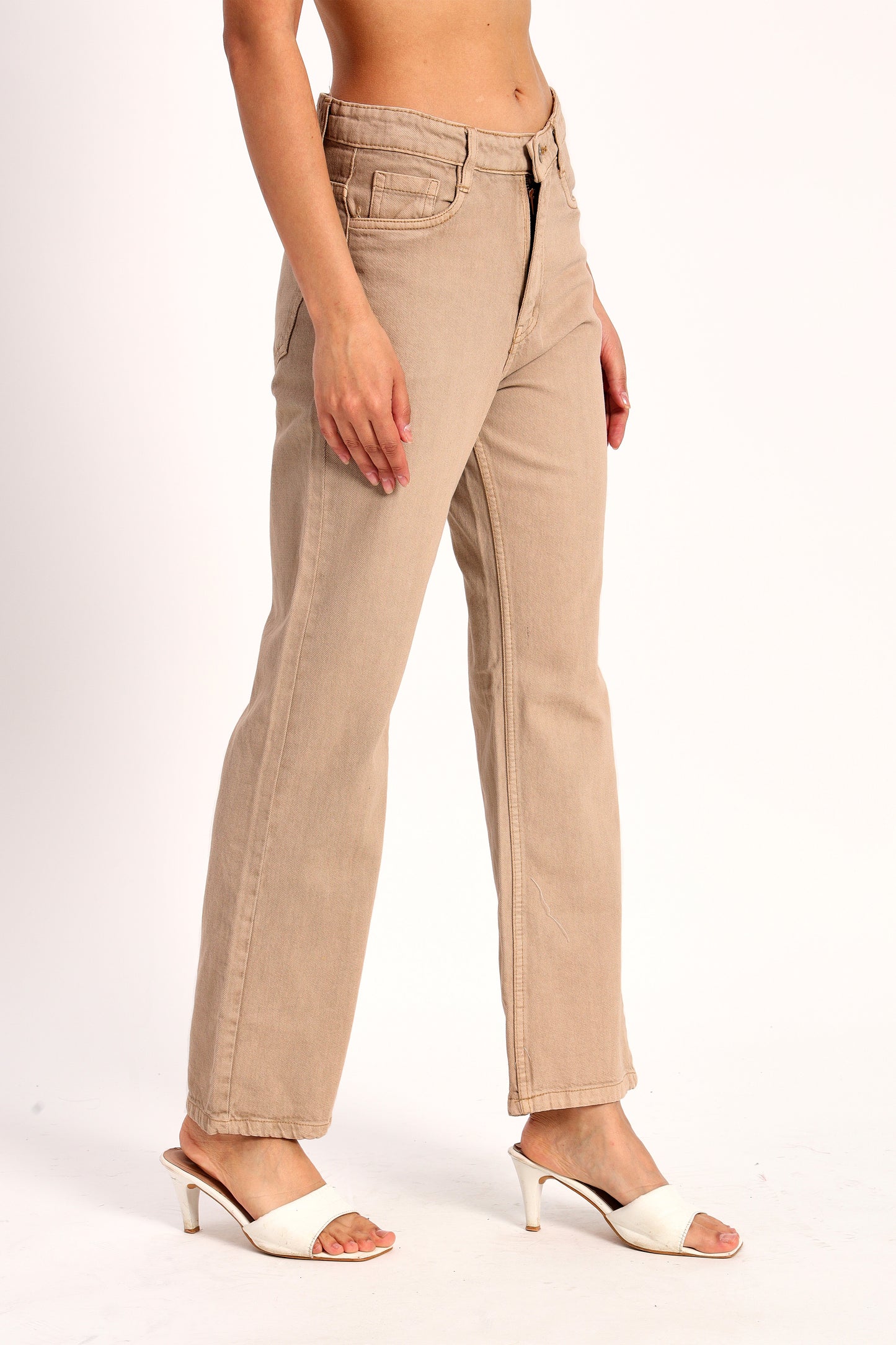 Dark Beige Denim Straight Fit Wide Leg Jeans