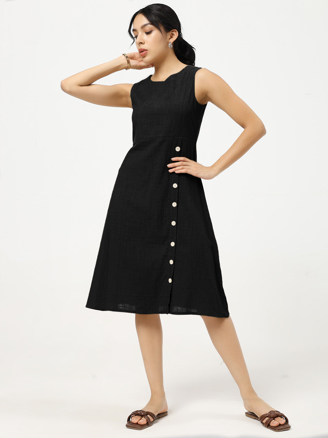 Black Buttoned A-Line Dress