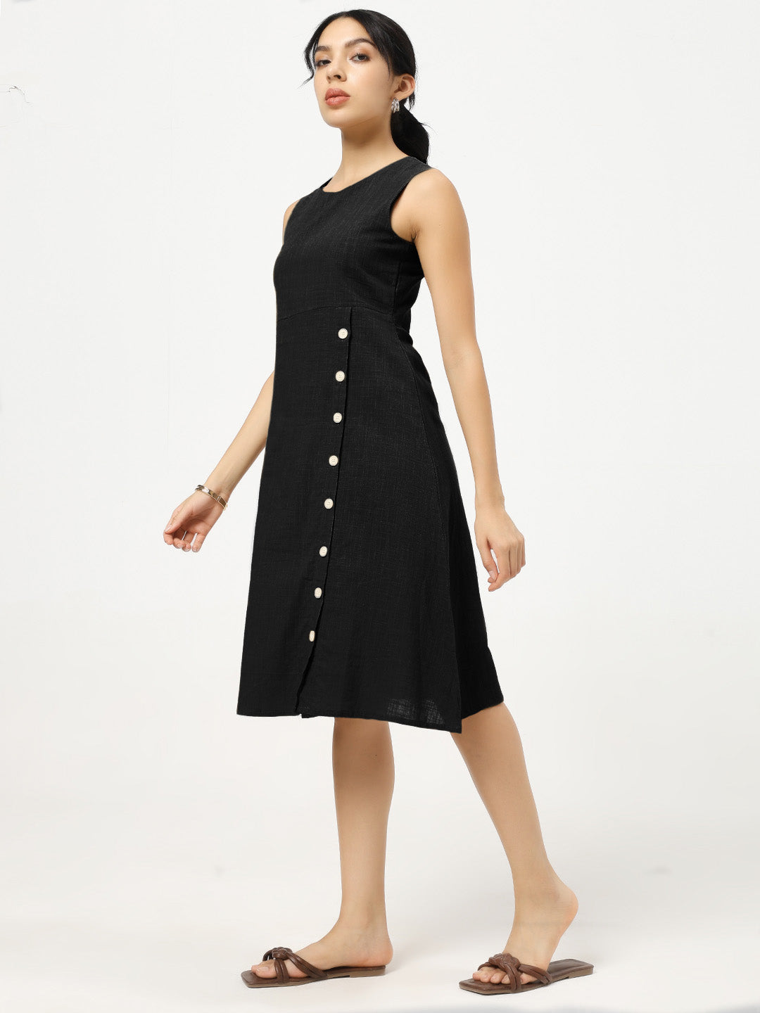 Black Buttoned A-Line Dress