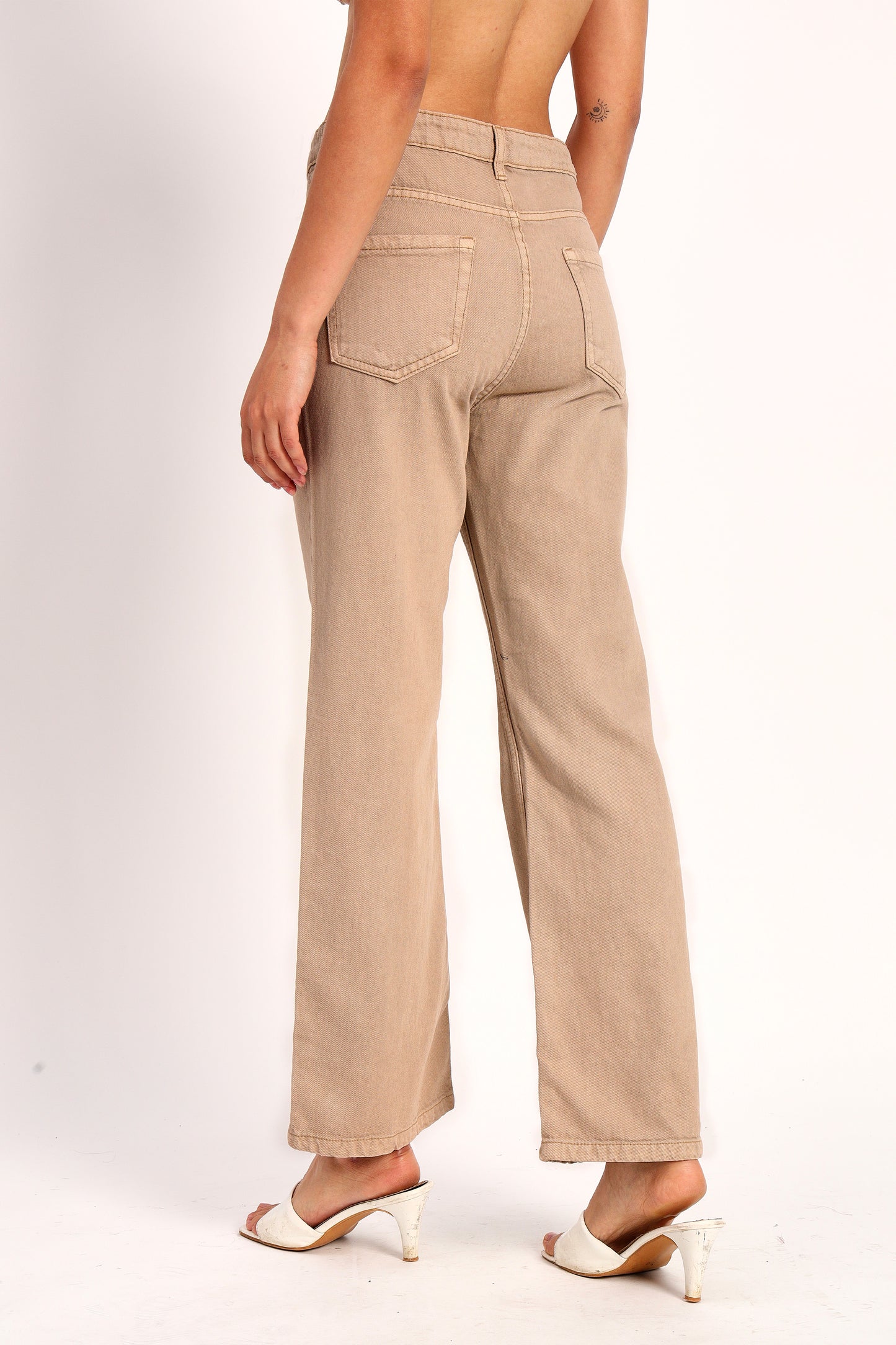 Dark Beige Denim Straight Fit Wide Leg Jeans