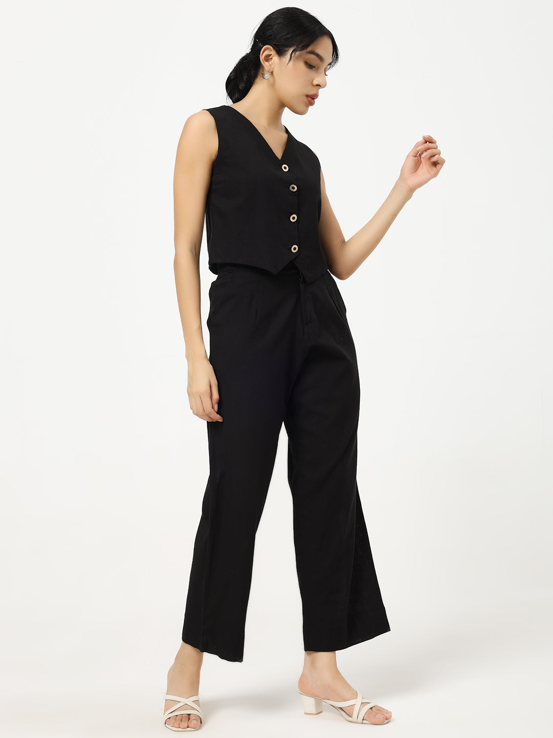 Black - Linen Blend Waistcoat And Trousers Co-Ord Set