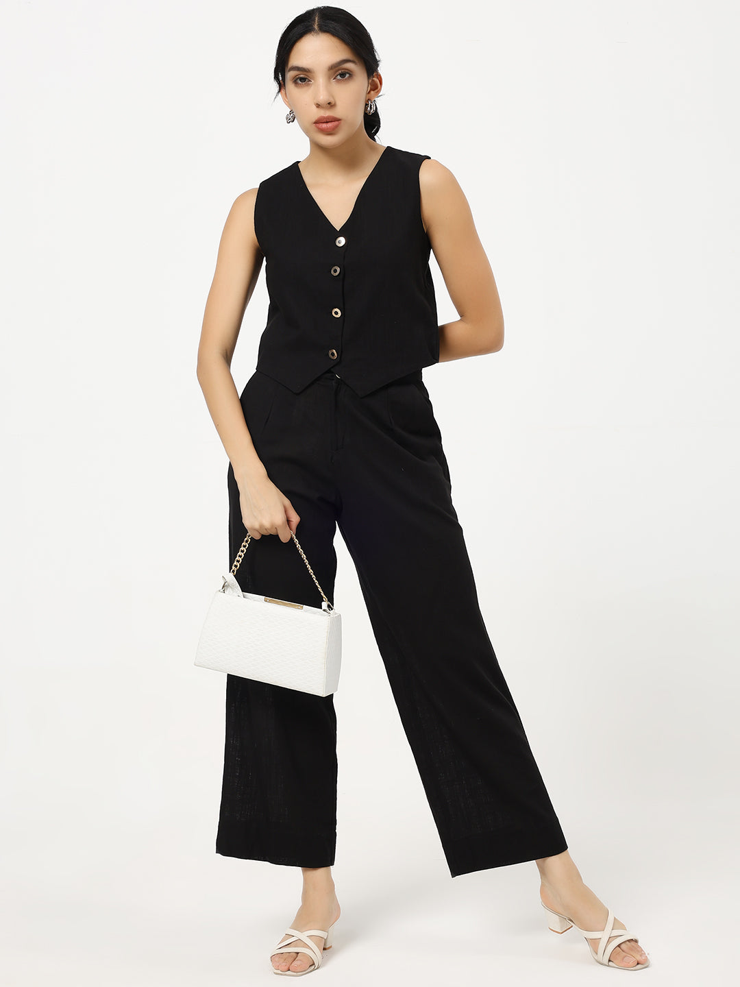 Black - Linen Blend Waistcoat And Trousers Co-Ord Set