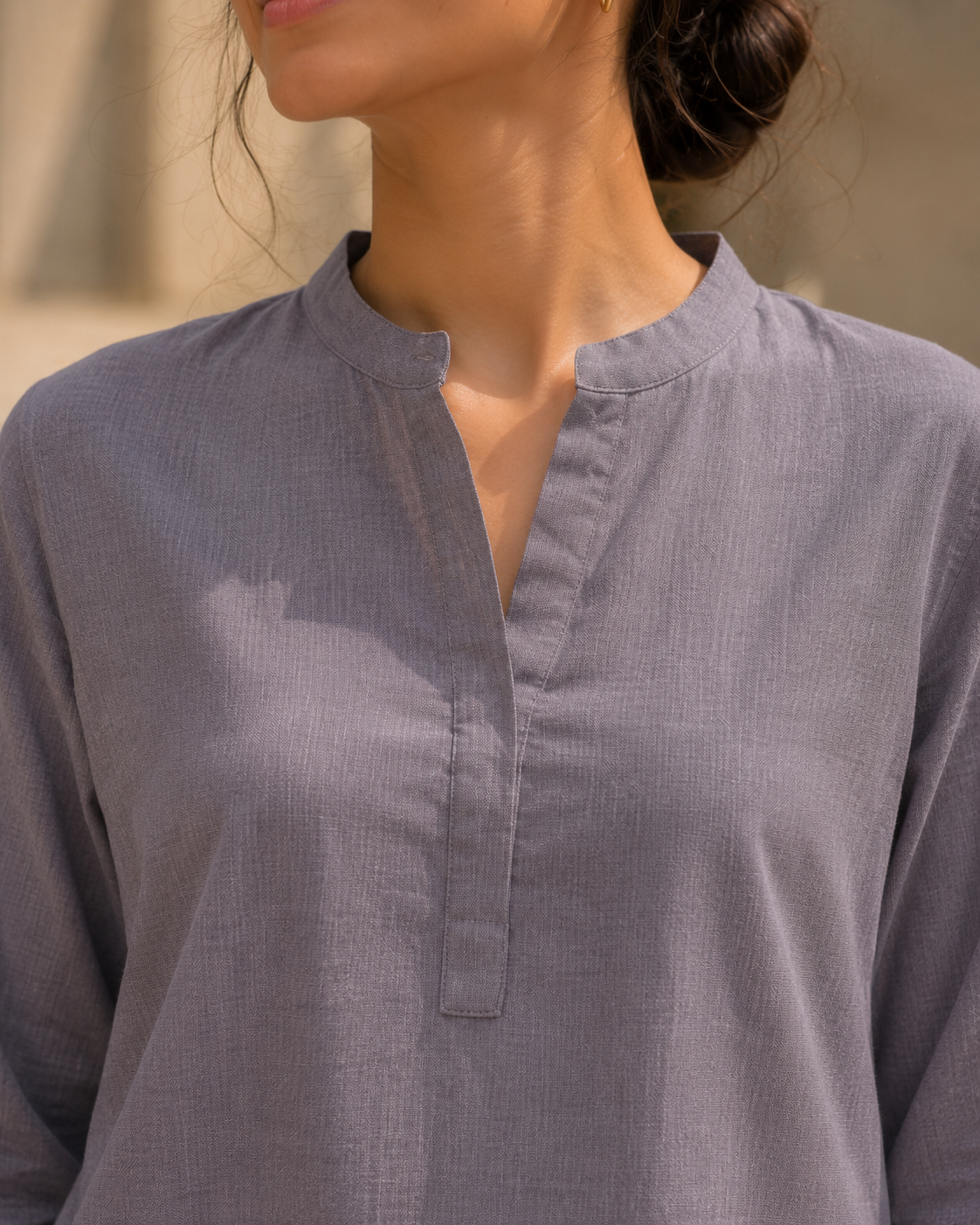 Mandarin Collar Mid-Length Kurta Set – Slate Grey