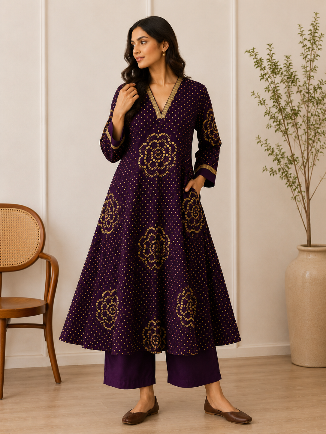 LEHER – Purple Bandhani A-Line Kurta Set