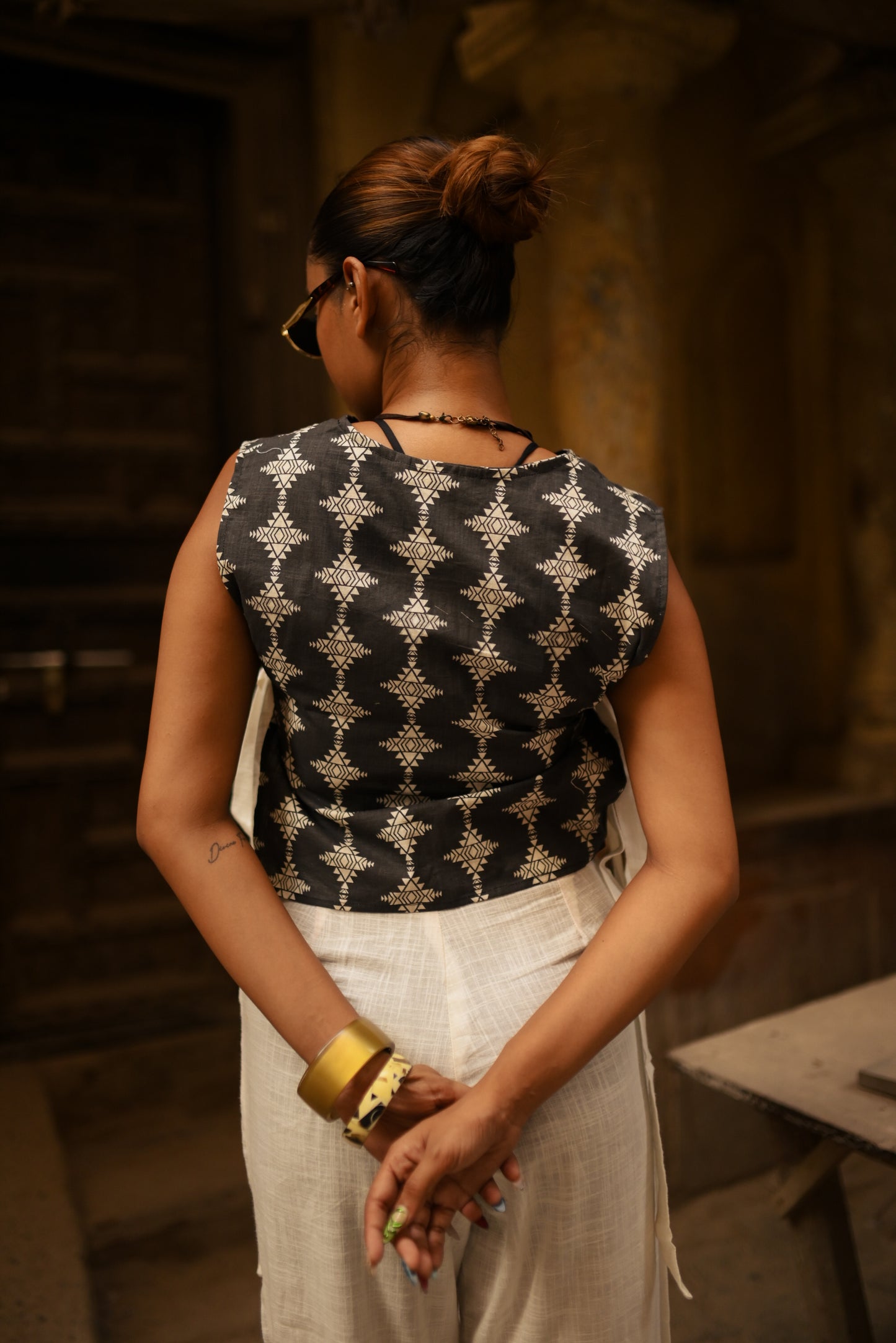Black Bohemian Print Side Knot Top