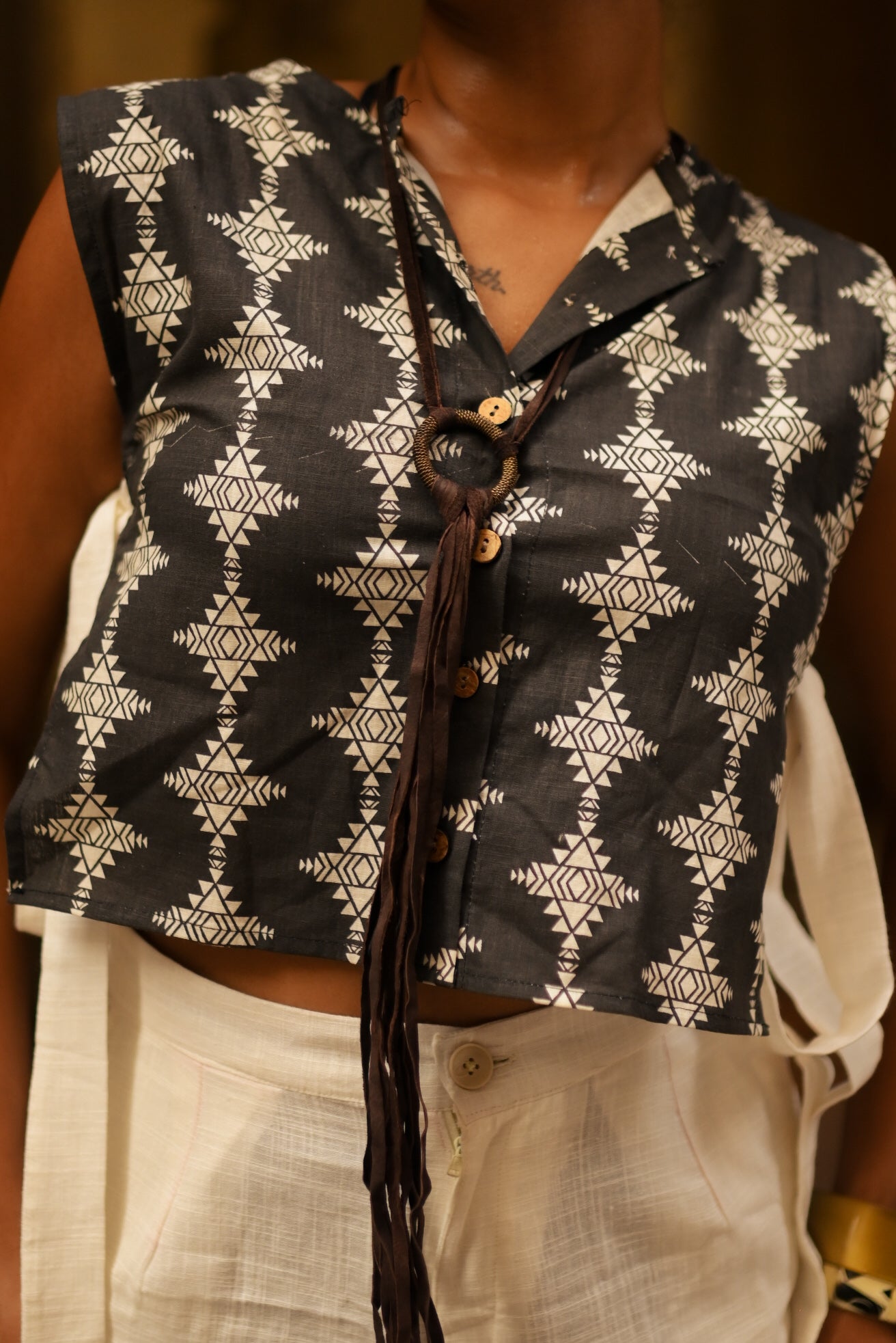 Black Bohemian Print Side Knot Top