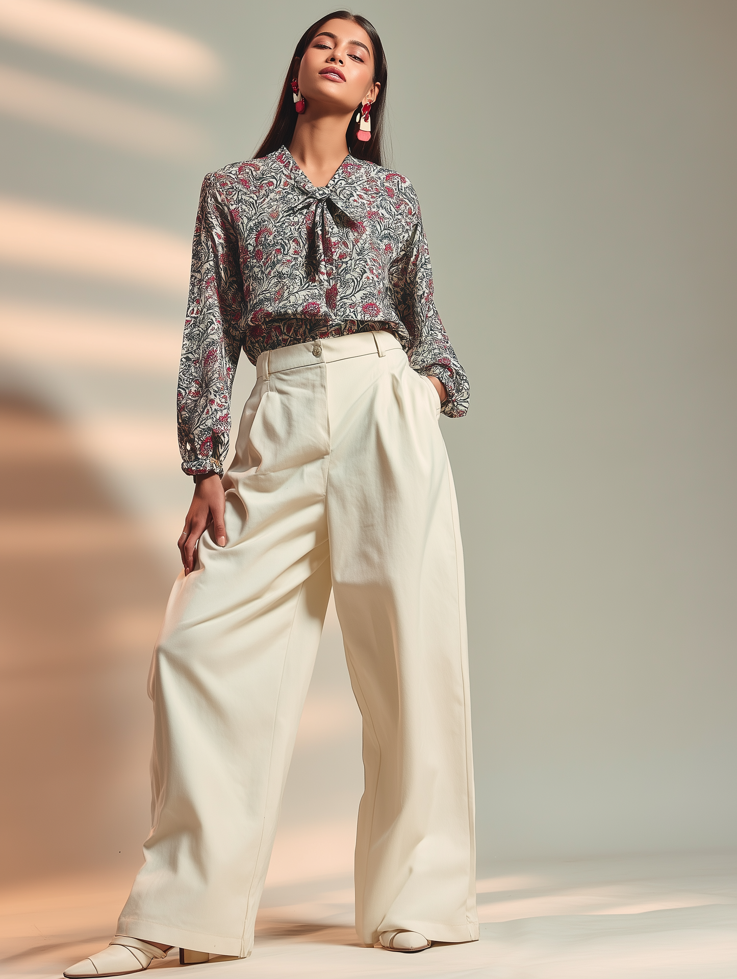Damask Floral Print Bow Shirt