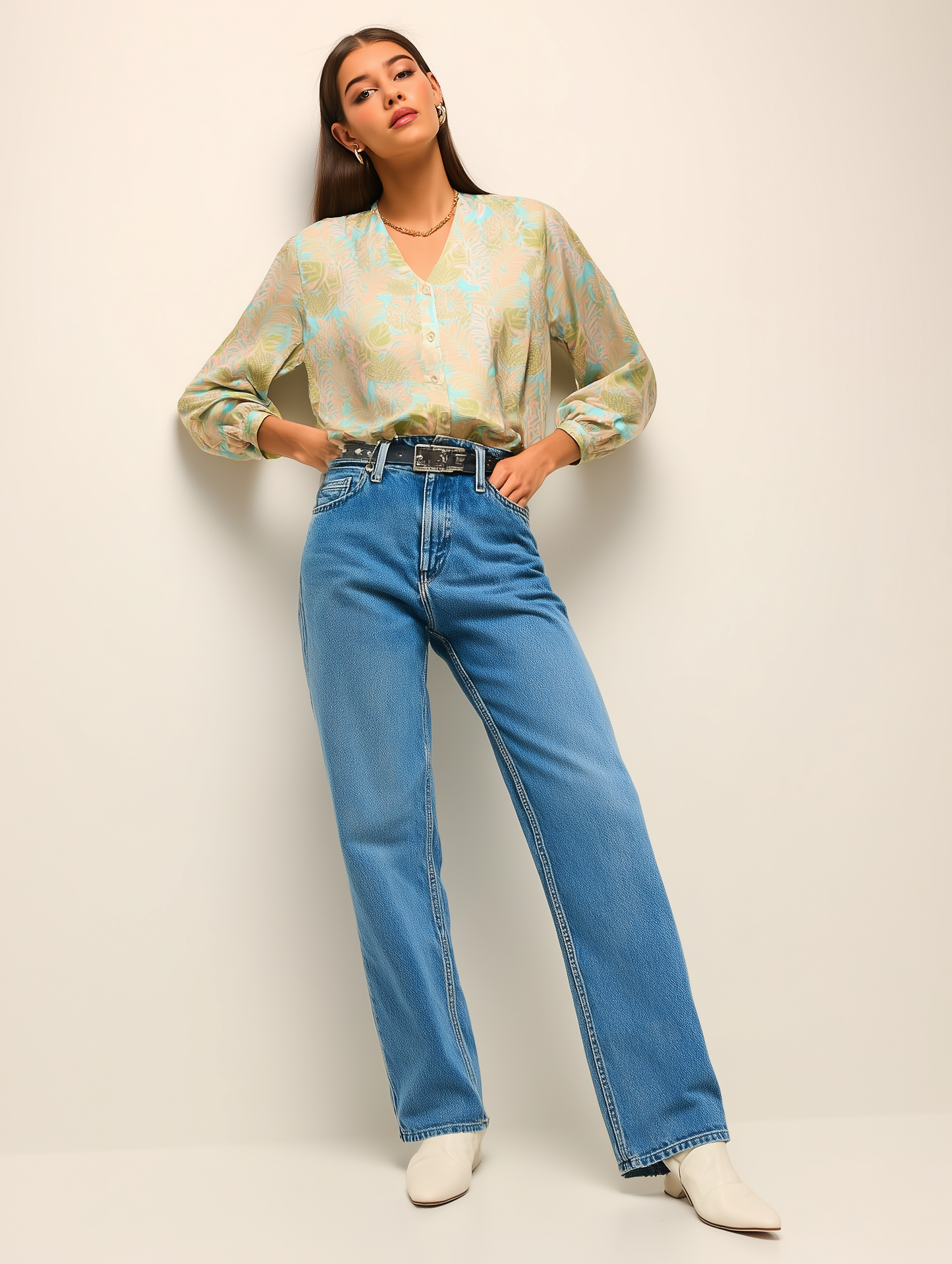 Bright Blue Leafy Print Shirt