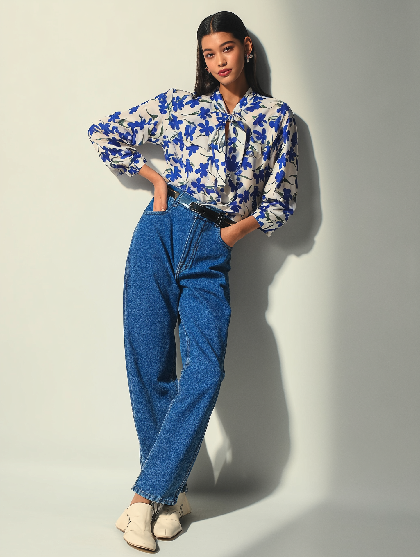 Blueberry Floral Print Bow Shirt